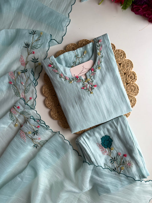 K211 - Mul chanderi embroidered 3D work straight Kurti with pants and dupatta
