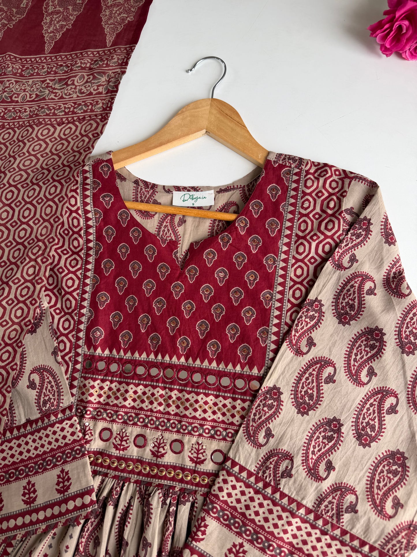 K172 - Mul cotton mirror embroidered Anarkali with pants and dupatta