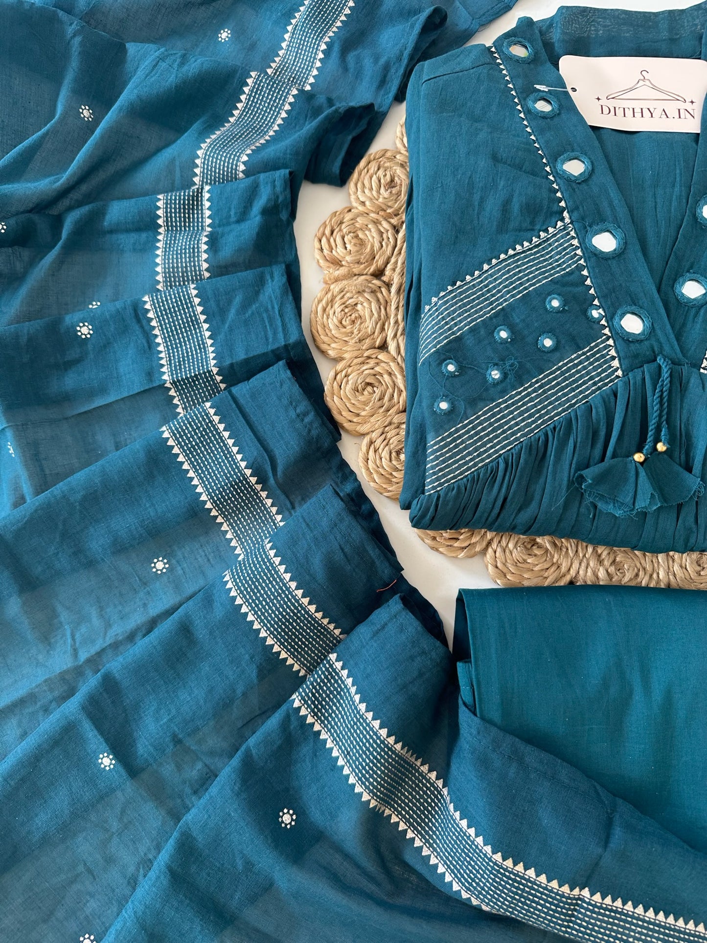 K387 - Mul cotton mirror work Anarkali with pants and dupatta