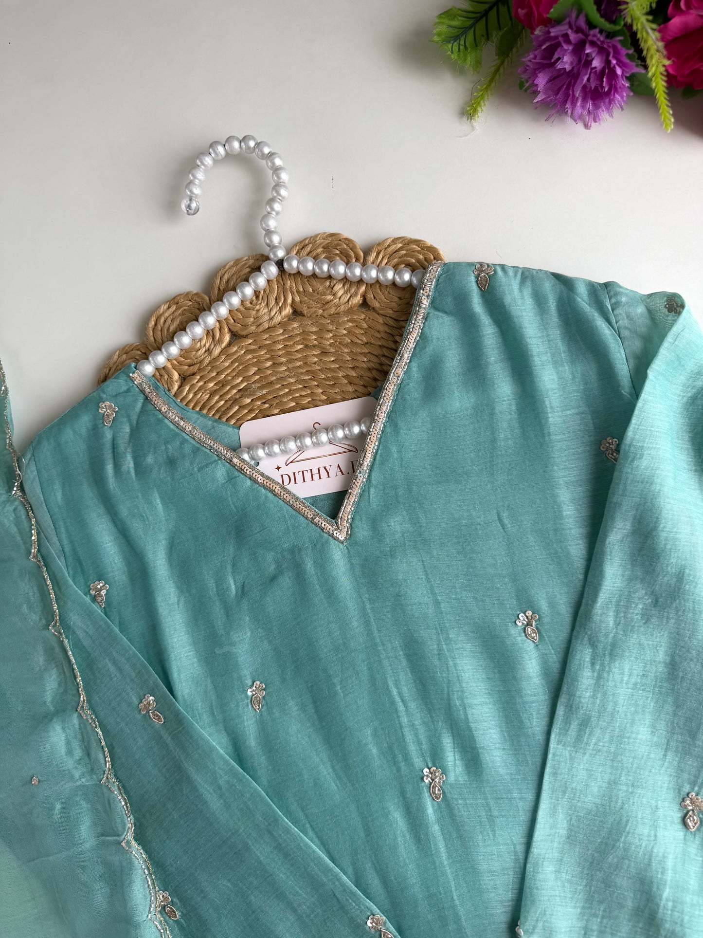 K132 - Mul chanderi handwork aline Kurti with pants and dupatta
