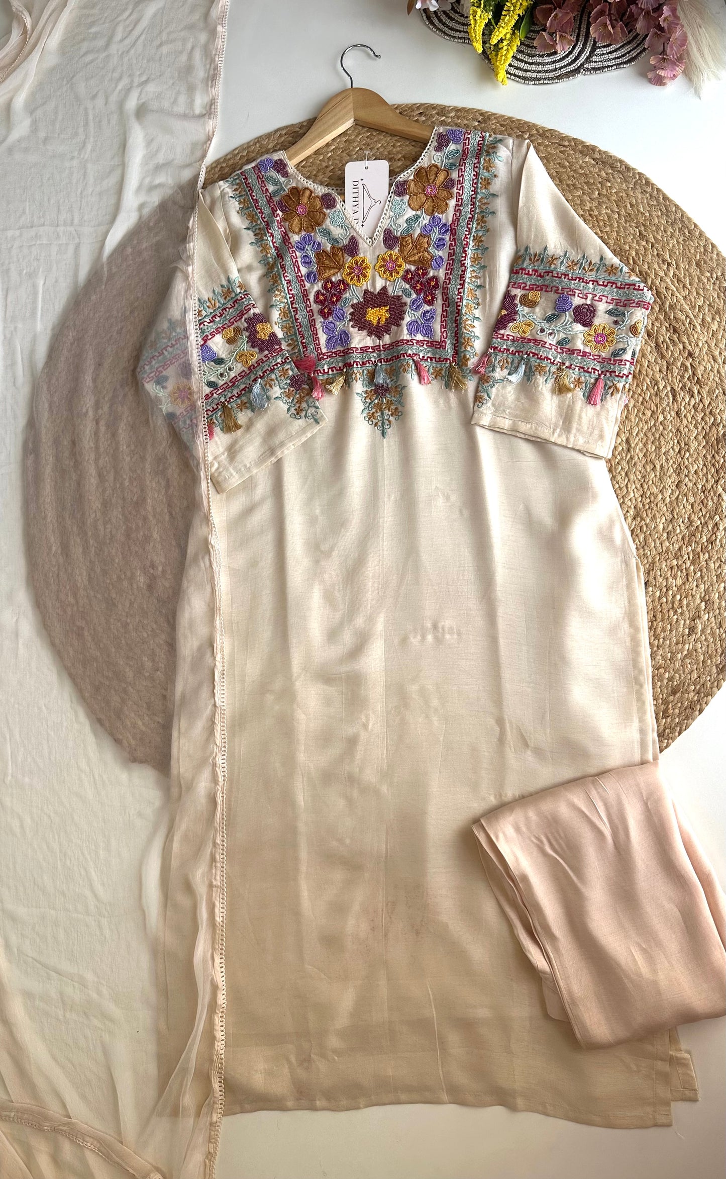 K461 - Russian silk handwork straight Kurti with pants and dupatta