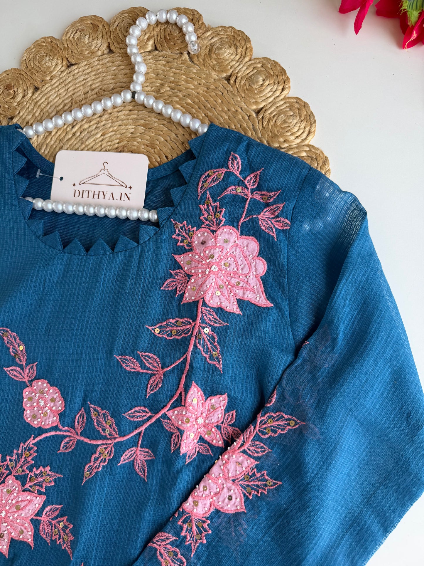K390 - Kota doriya handwork appliqué Aline Kurti with pants and dupatta