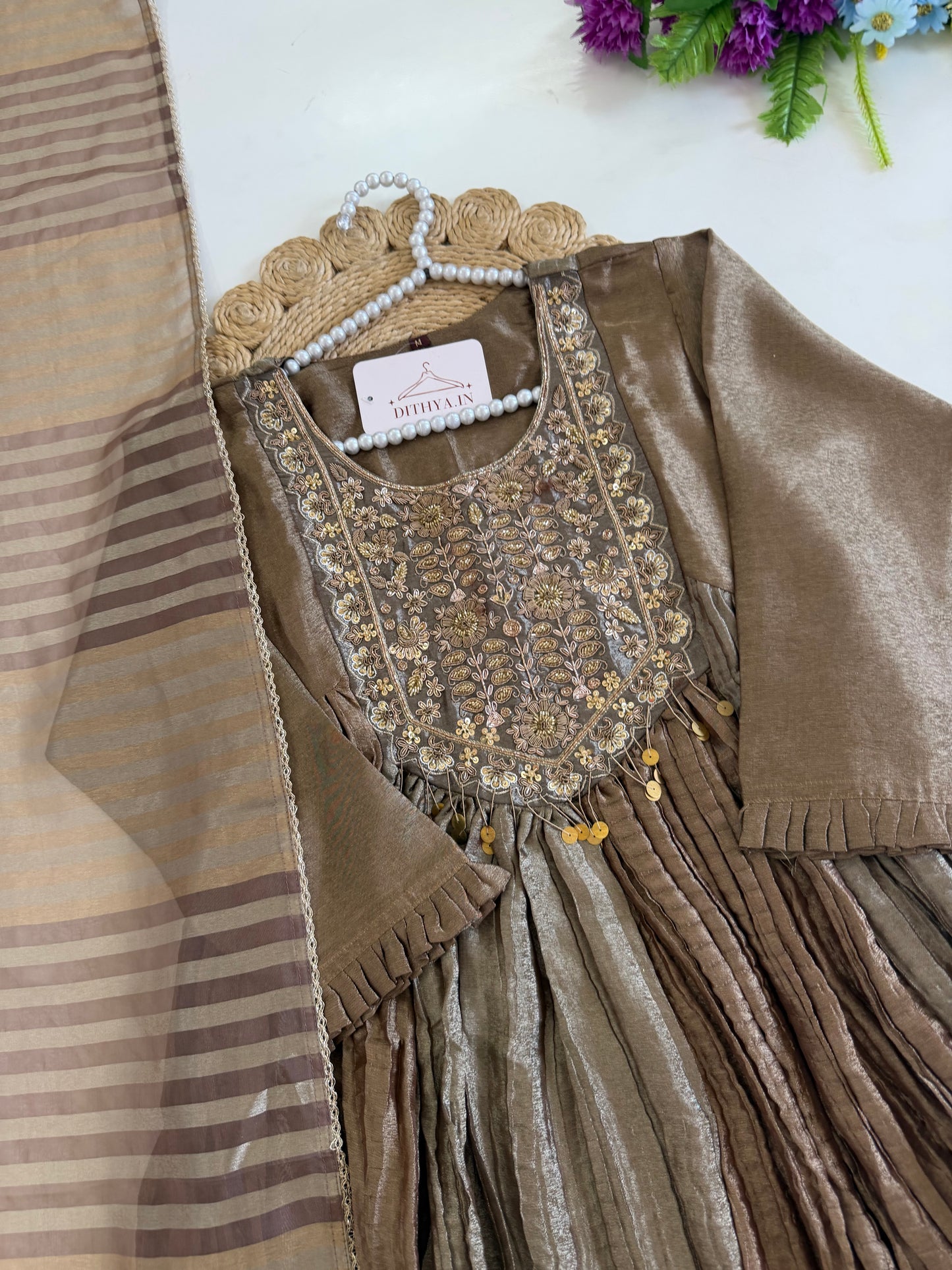 K228 - Crush tissue handwork Anarkali with pants and dupatta