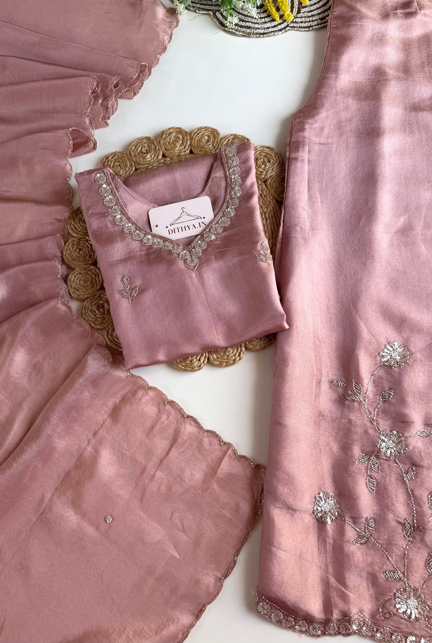 K203 - Tissue silk handwork short Kurti with divider pants and dupatta