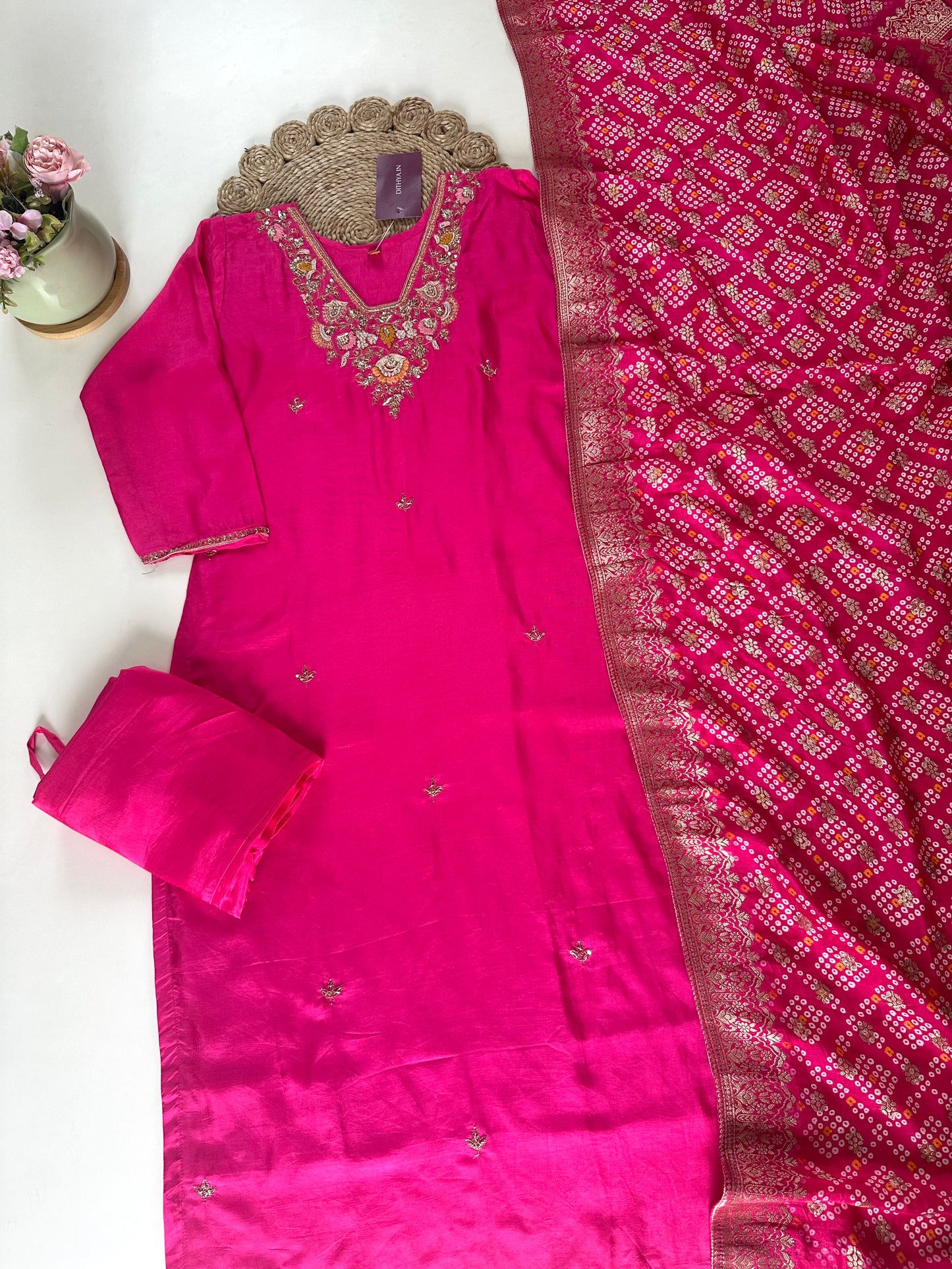 K124 - Russian silk Handwork straight kurti with pants and dupatta.