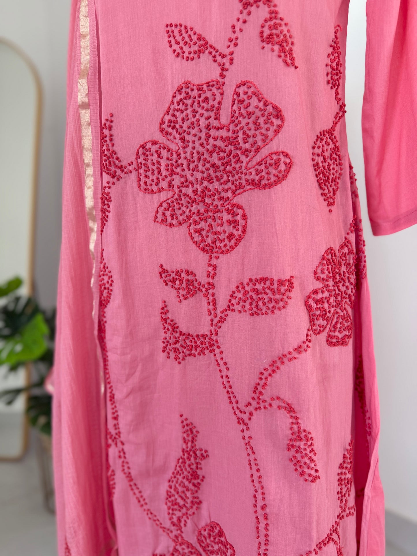 K495 - Mul chanderi embroidered Aline Kurti with pants and dupatta
