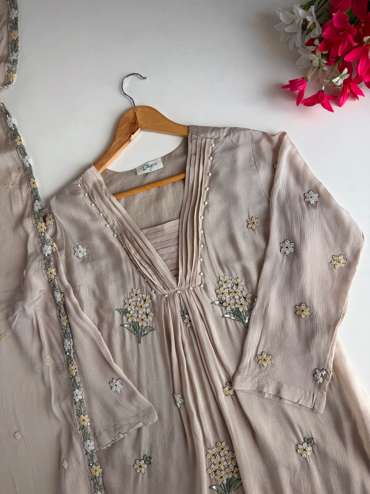K674 - Pure Chinnon handwork aline Kurti with pants and dupatta