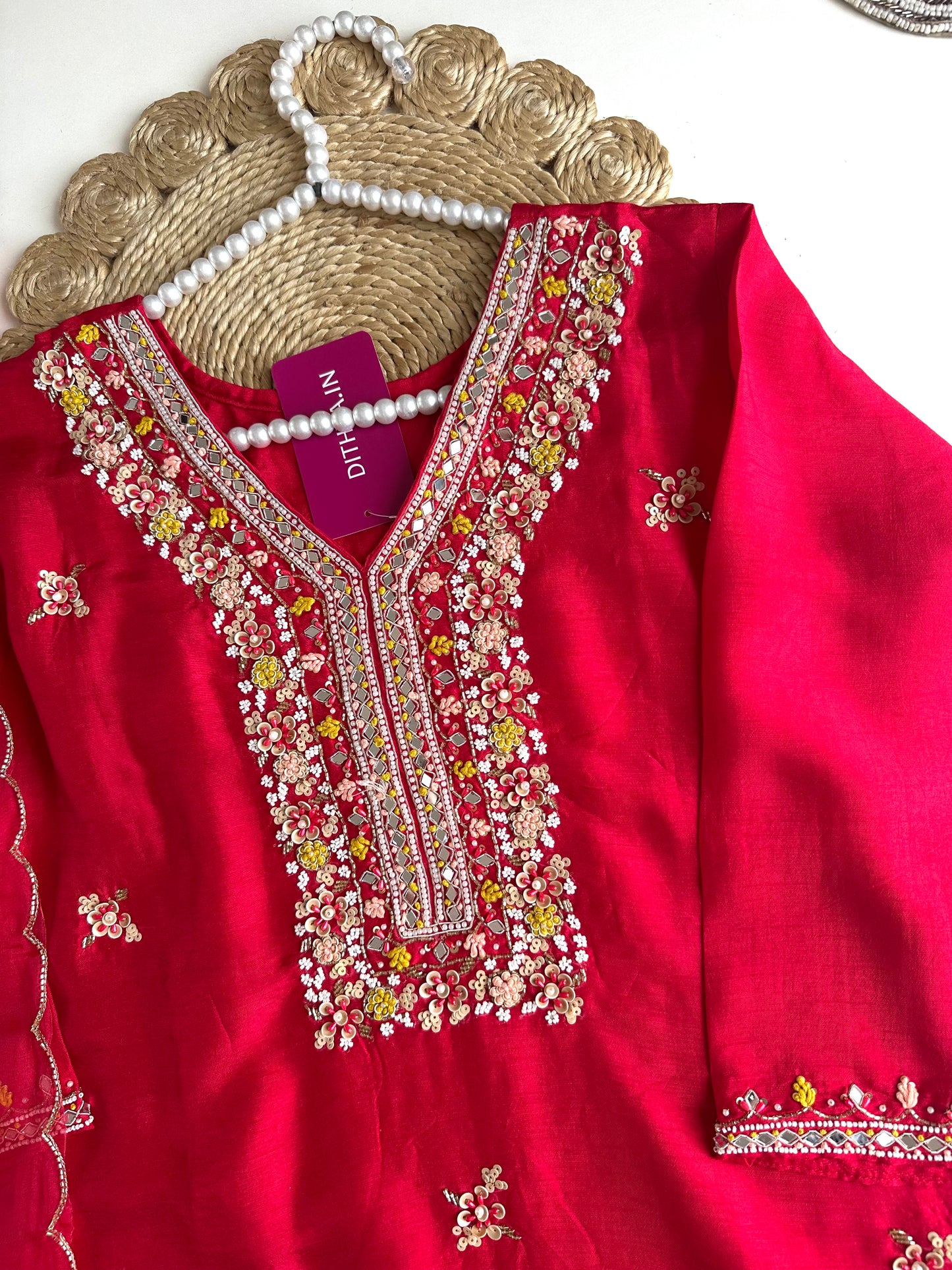 K018 - Russian silk handwork straight Kurti with pants and dupatta