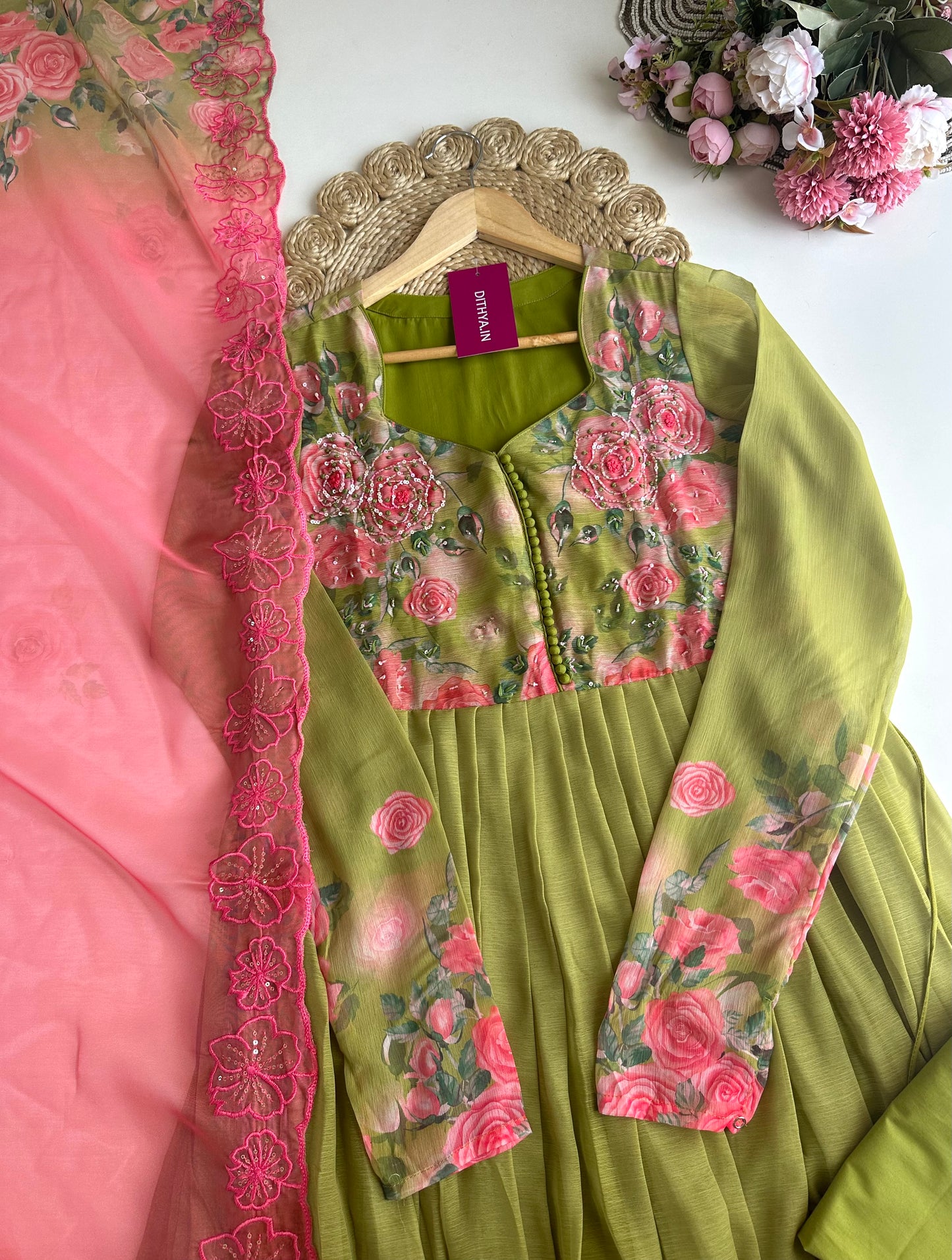K282 - Viscose organza Floral Anarkali with pants and dupatta