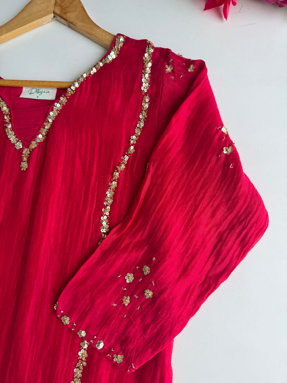 K406 - Banarasi Mul chanderi handwork aline Kurti with pants and dupatta