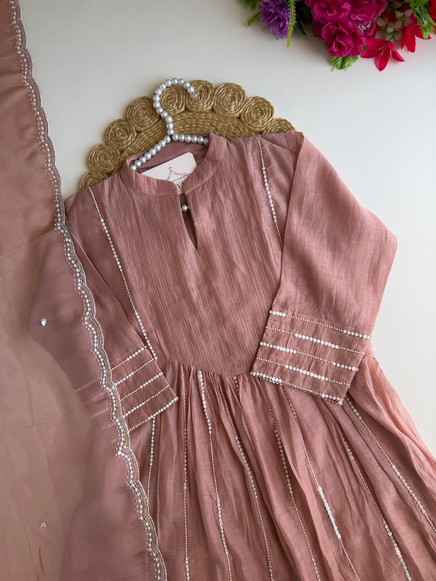K318 - Mul chanderi handwork Anarkali with pants and dupatta