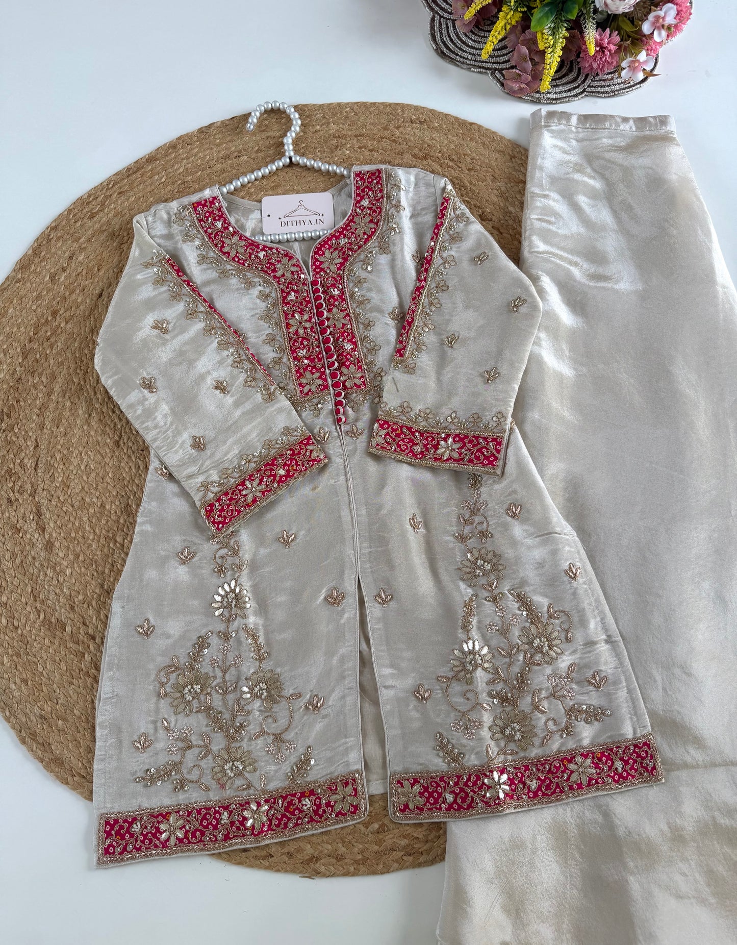 K225 - Tissue silk gota handwork short Kurti with divider pants