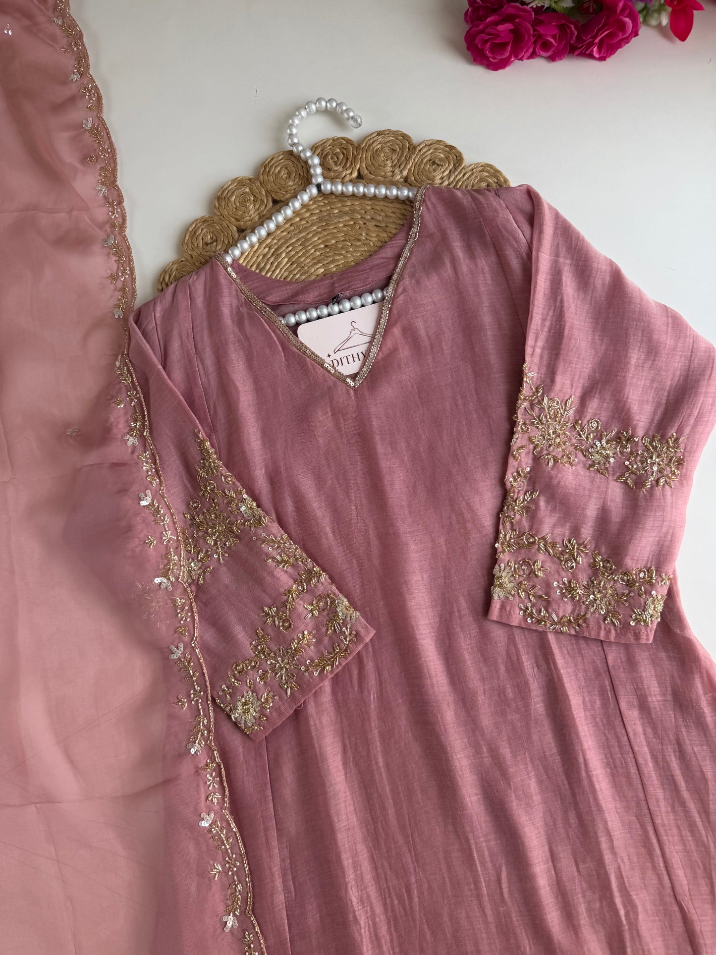 K248 - Mul chanderi handwork aline Kurti with pants and dupatta