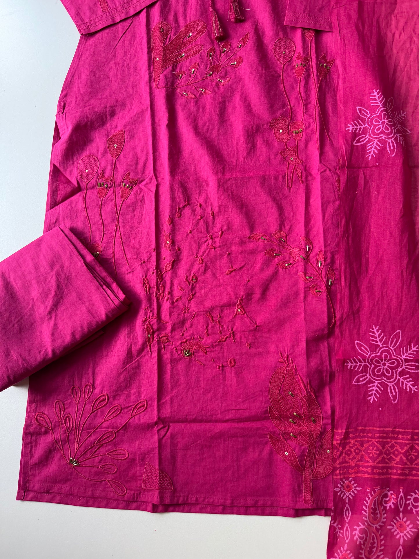 K583 - Cotton embroidery straight Kurti with pants and dupatta in 2 colours