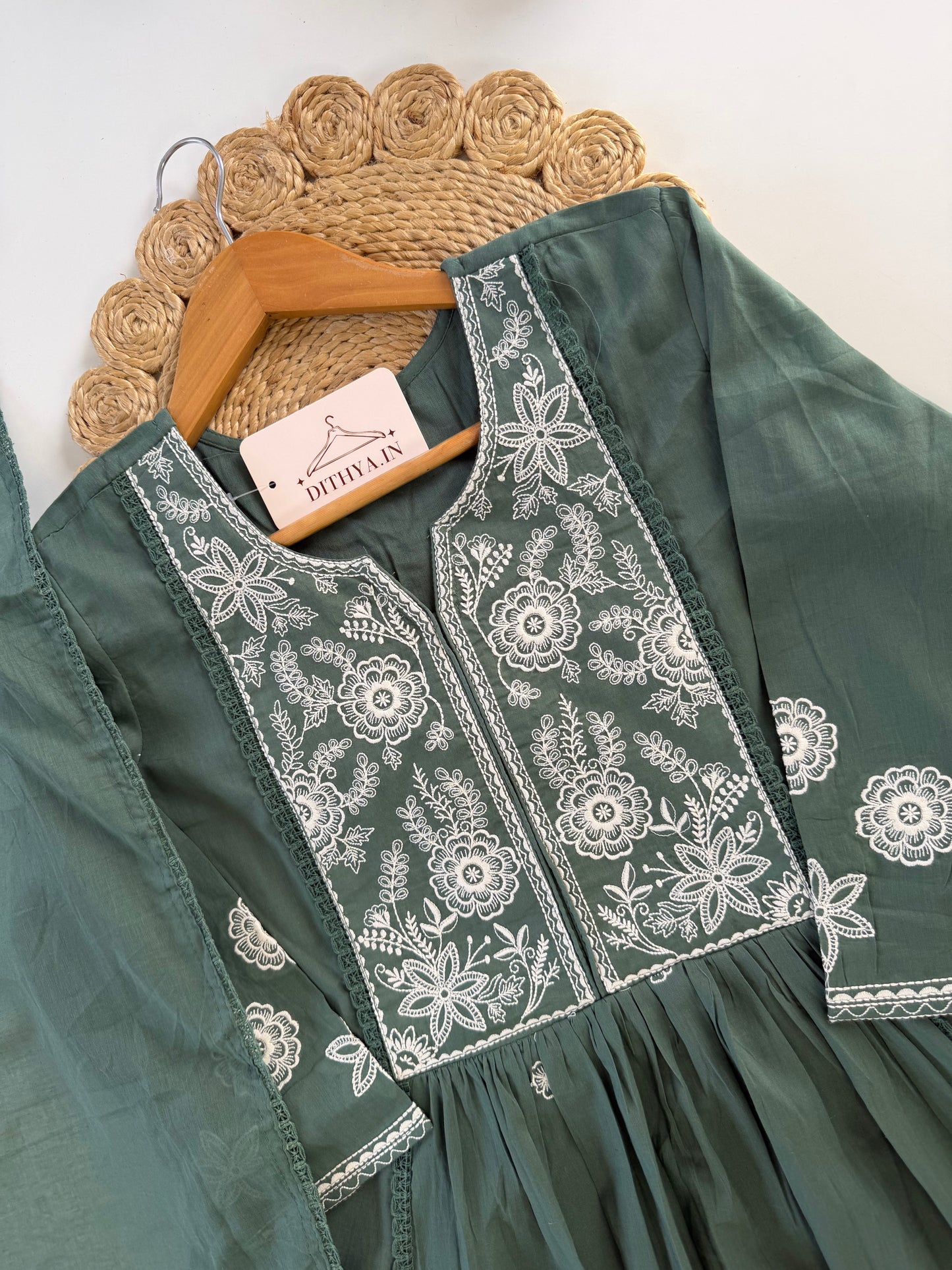 K367 - Mul cotton embroidered Anarkali with pants and dupatta