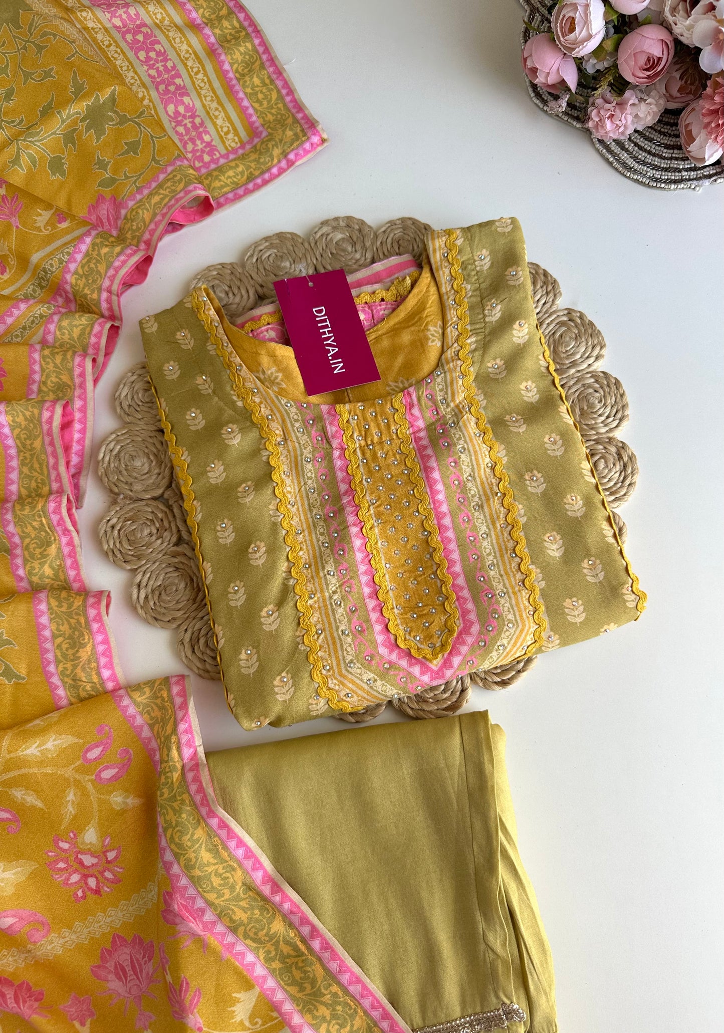 K382 - Muslin printed straight Kurti with pants and dupatta