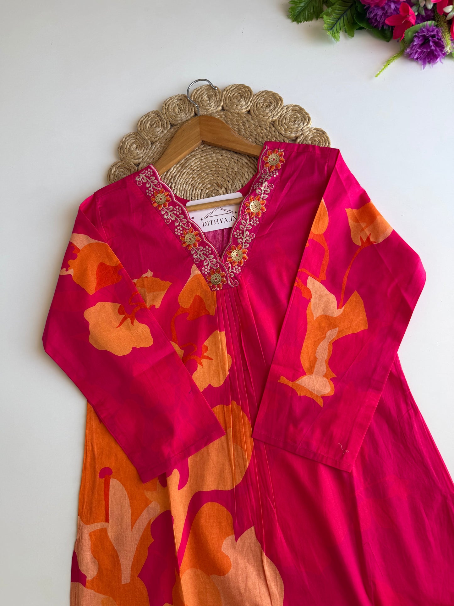 K639 - Mul cotton embroidered Aline Kurti with pants