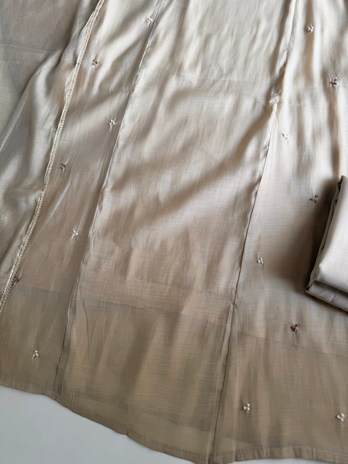 K215 - Surat Mul chanderi handwork Aline Kurti with pants and dupatta