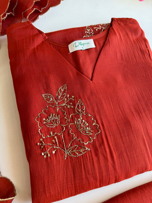 K306 - Surat Mul chanderi dabka work aline Kurti with pants and dupatta