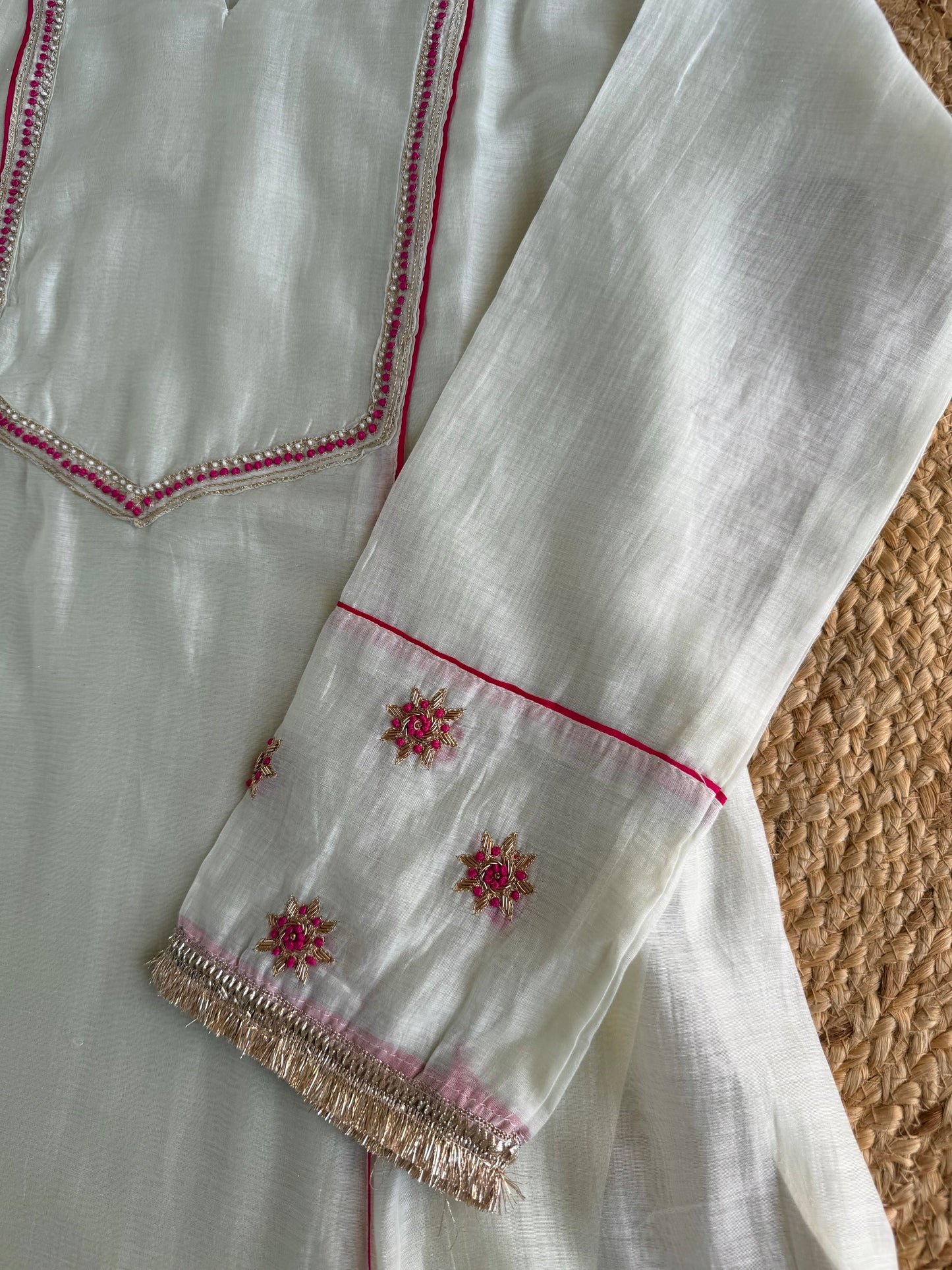 K323 - Mul Chanderi gota handwork aline Kurti with pants and dupatta