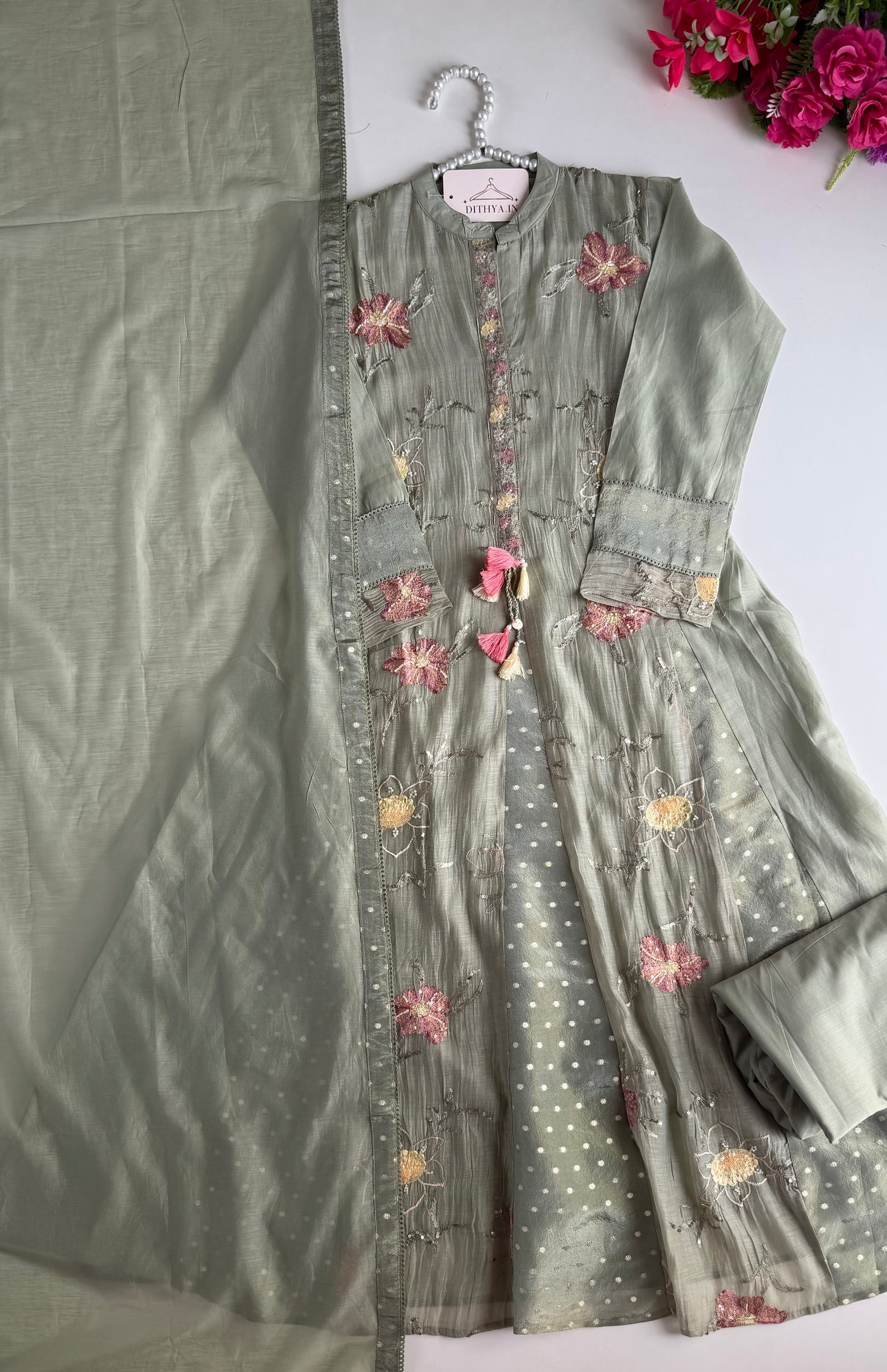 K606 - Mul chanderi tissue embroidered Anarkali with pants and dupatta