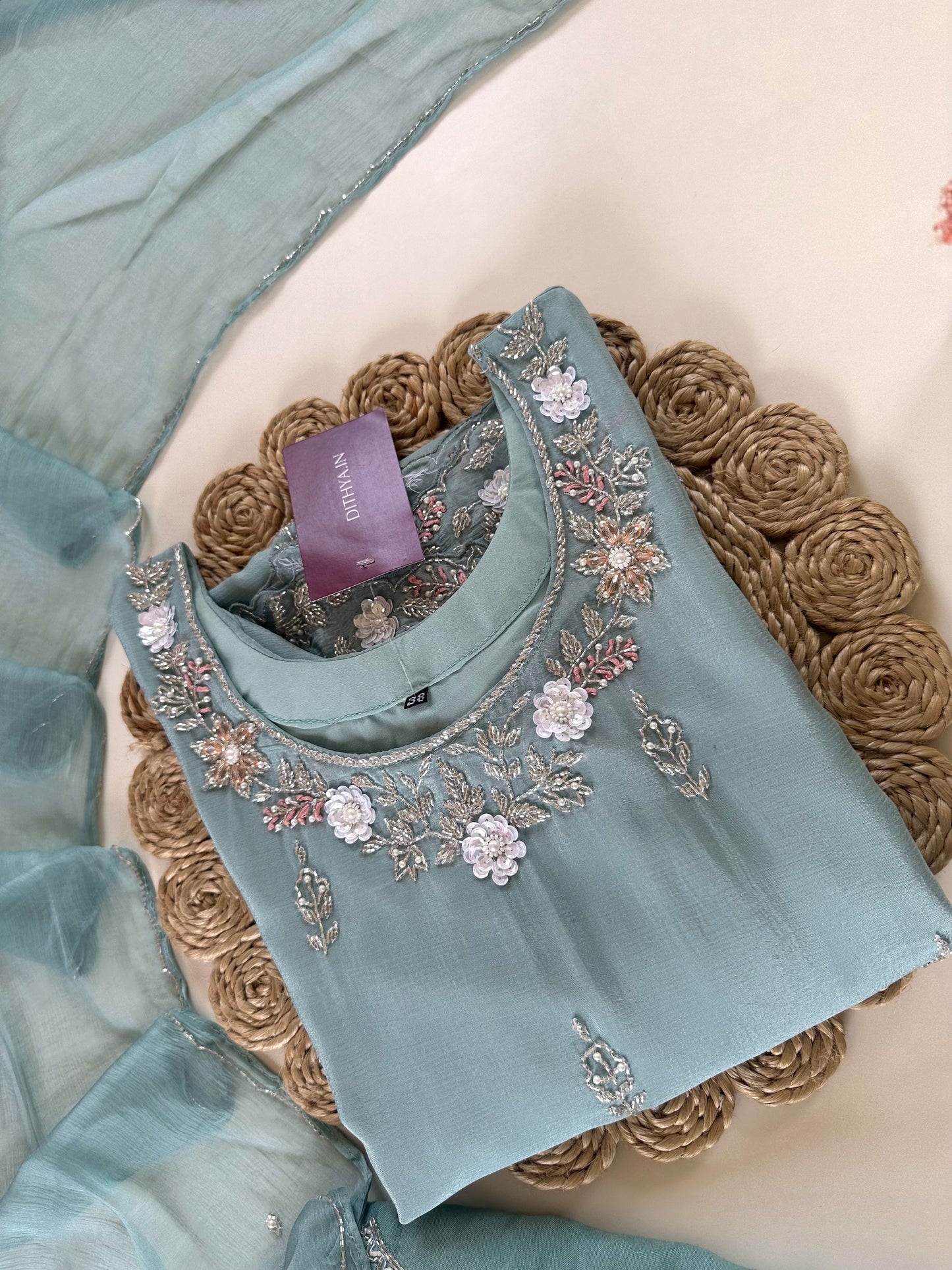 K245 - Chinnon Handwork straight kurti with palazzo and dupatta .