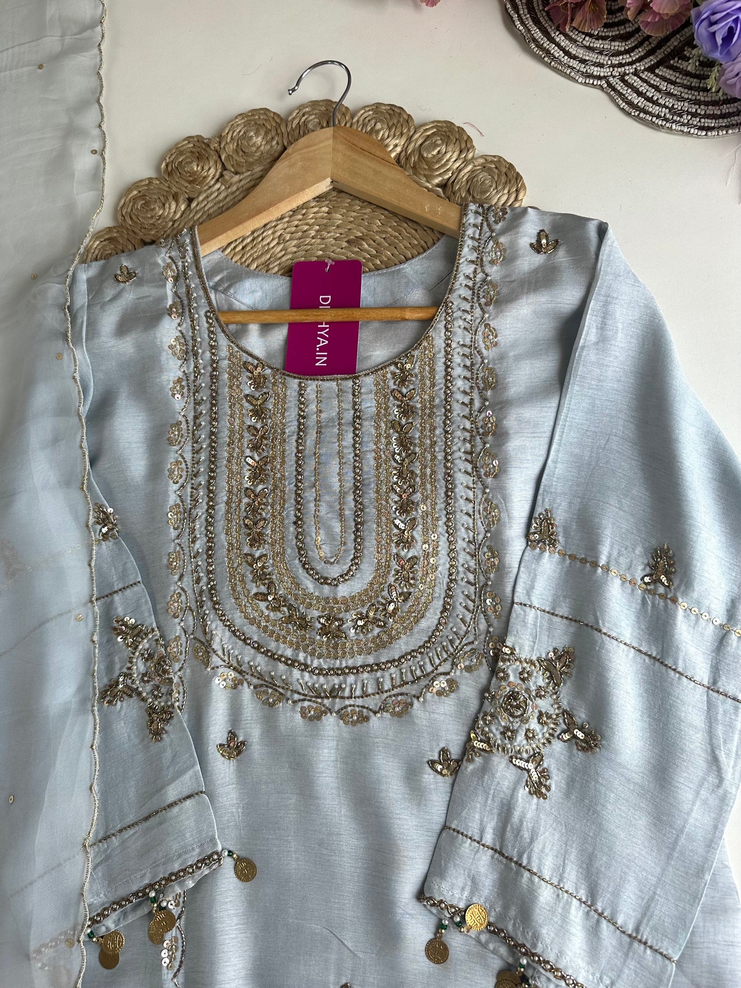 K188 - Russian silk handwork straight Kurti with pants and dupatta in 2 colours