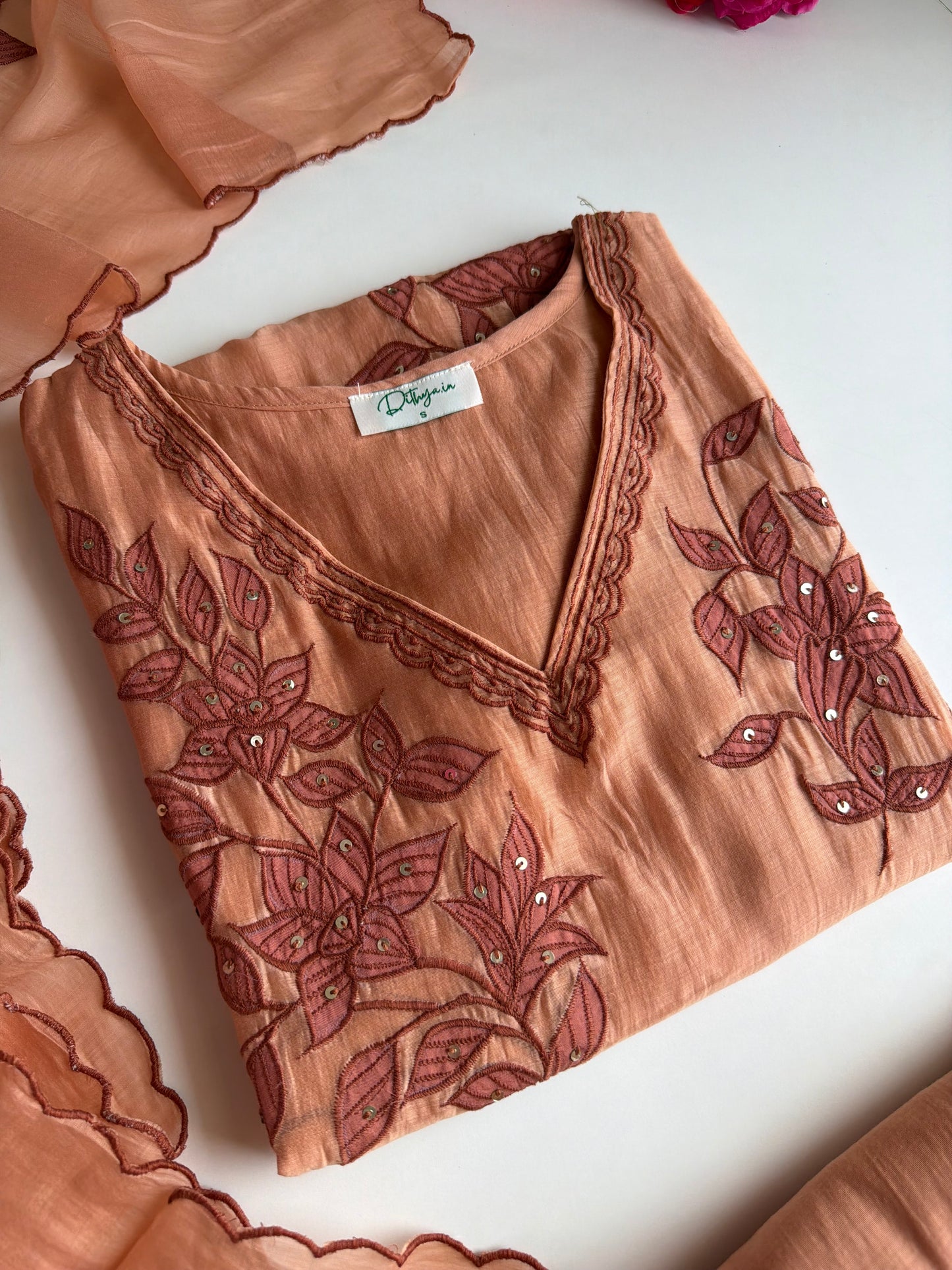 K567 - Mul chanderi embroidered straight Kurti with pants and dupatta