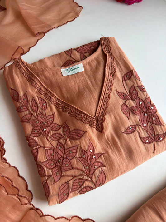 K567 - Mul chanderi embroidered straight Kurti with pants and dupatta