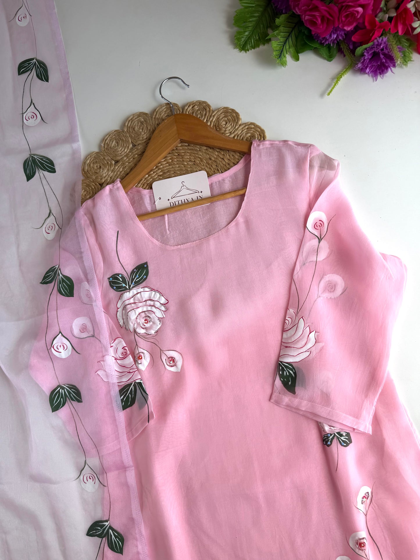 K195 - Viscose organza hand painted straight Kurti with pants and dupatta