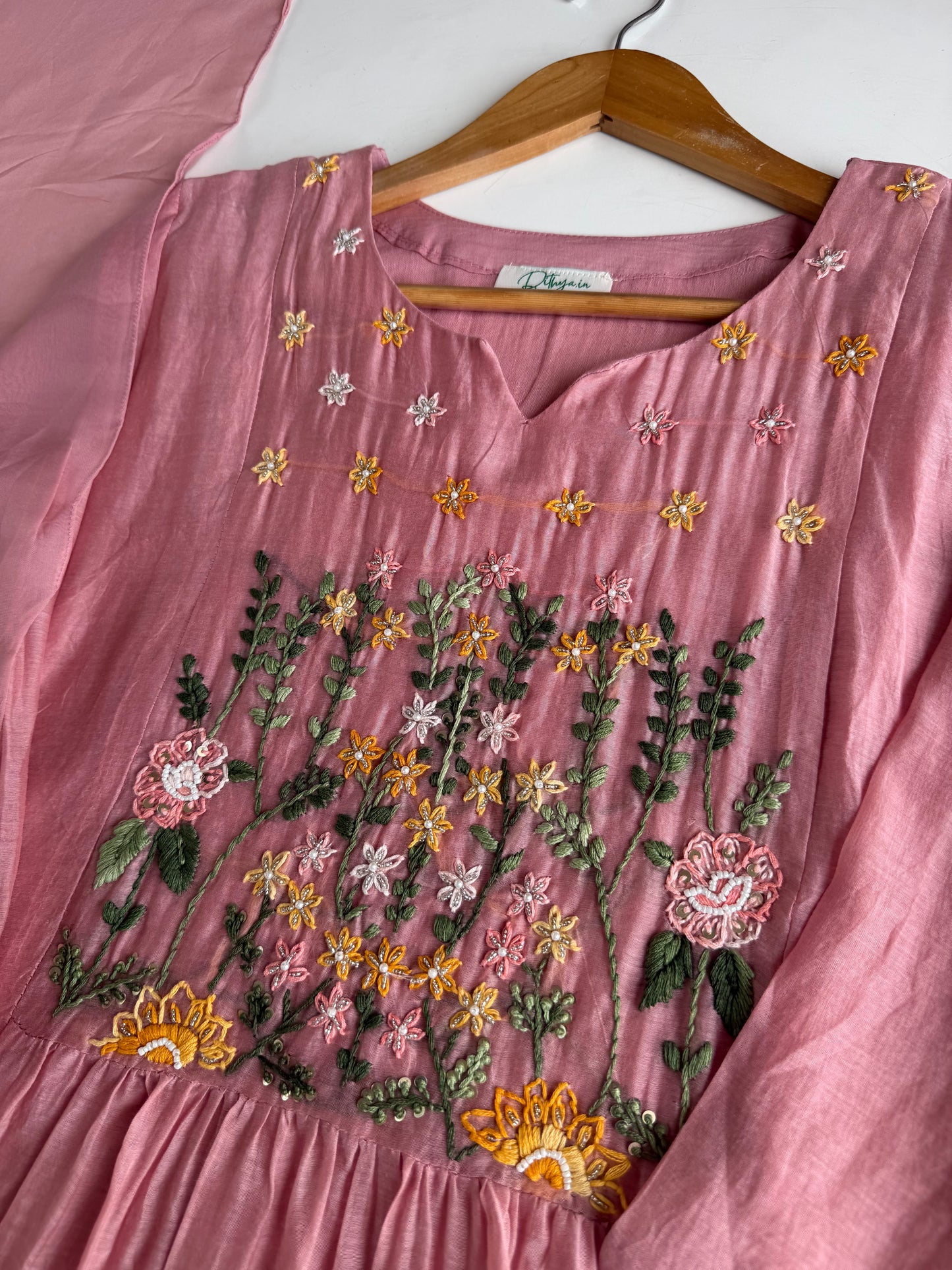 K594 - Mul chanderi hand embroidered Anarkali with pants and dupatta in 2 colours