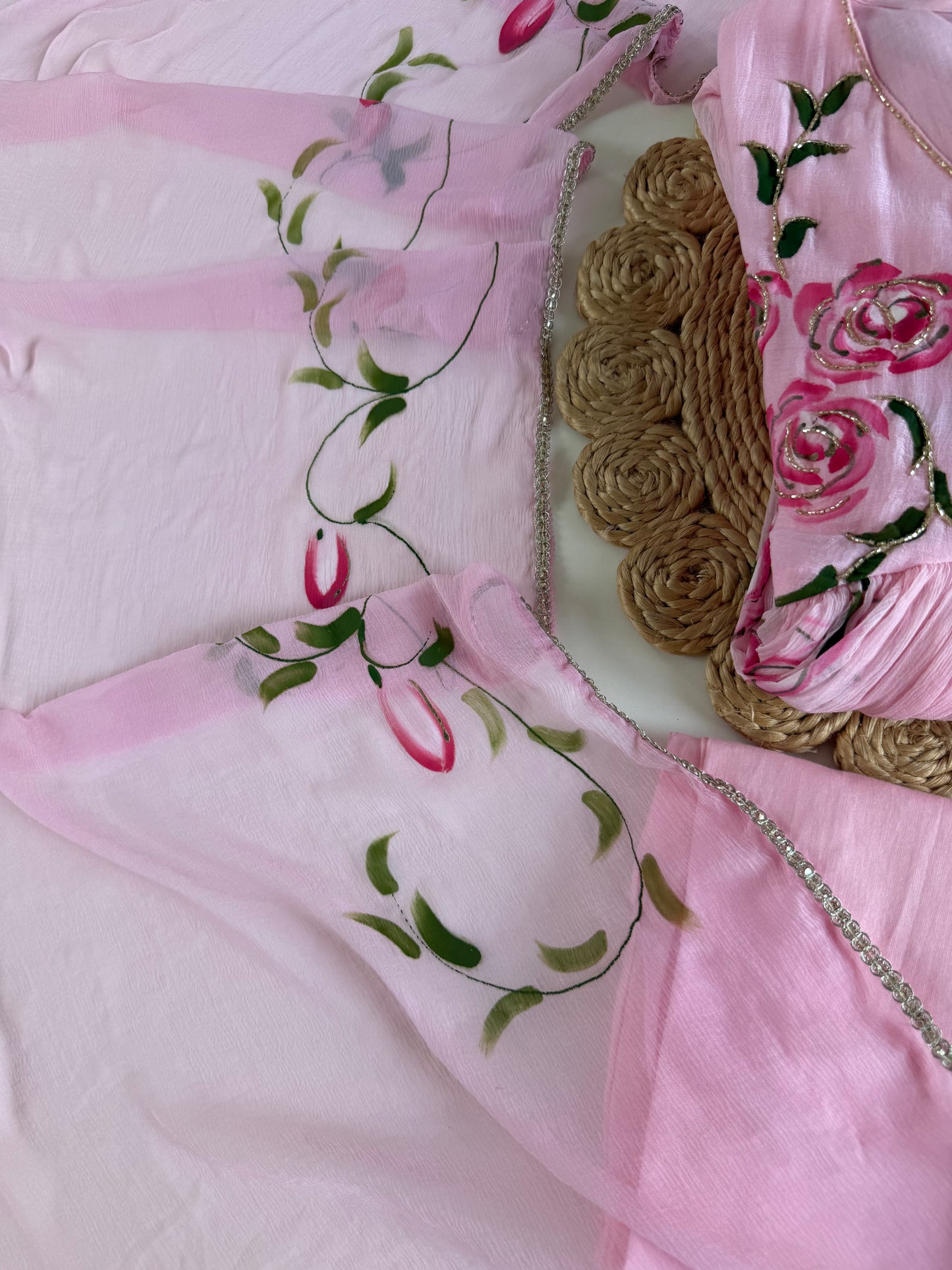 K428 - Pure Chinnon floral Anarkali with pants and dupatta