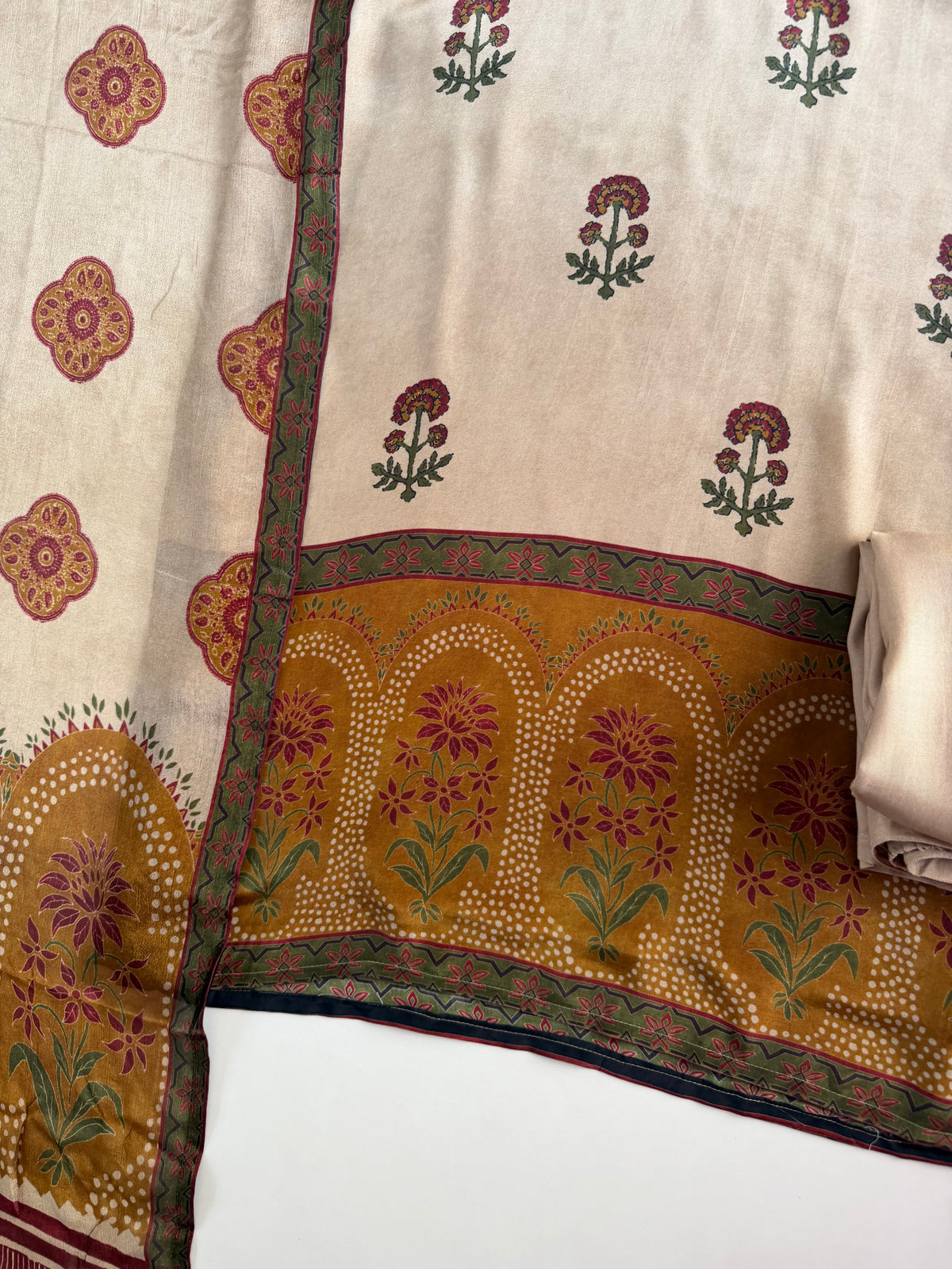 K248 - Pure crape handwork Ajrakh print straight Kurti with pants and dupatta