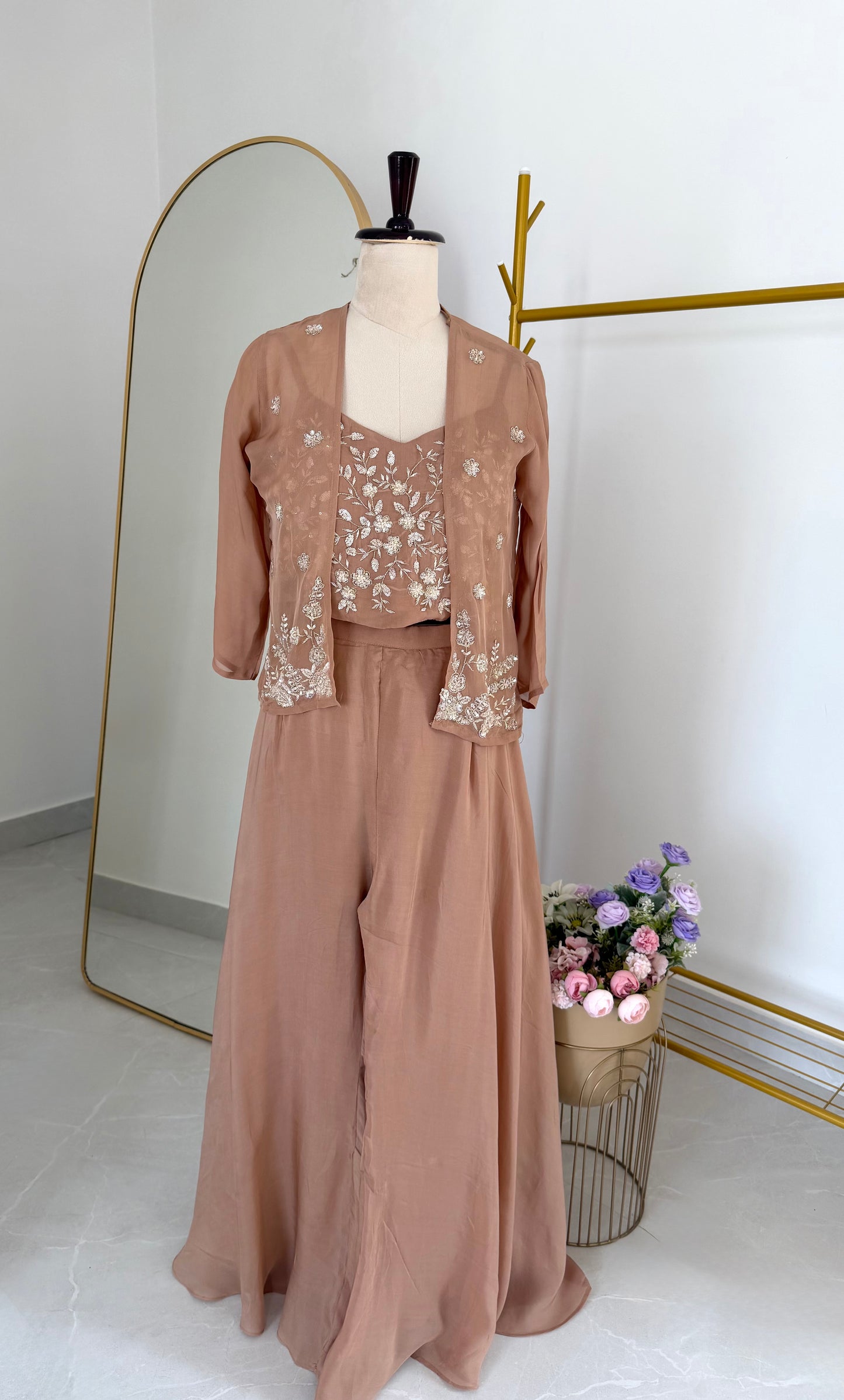 K338 - Pure viscose organza handwork crop top with jacket and divider pants