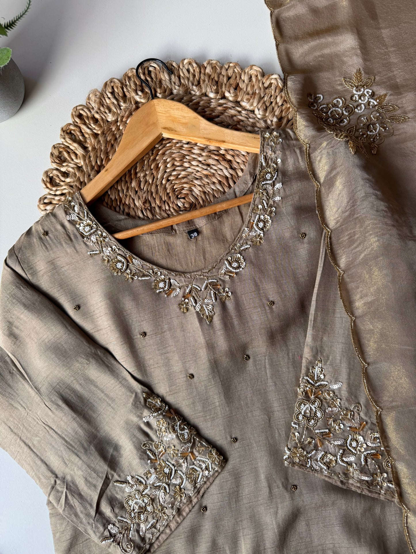 K419 - Russian silk short Kurti with palazzo and tissue silk dupatta