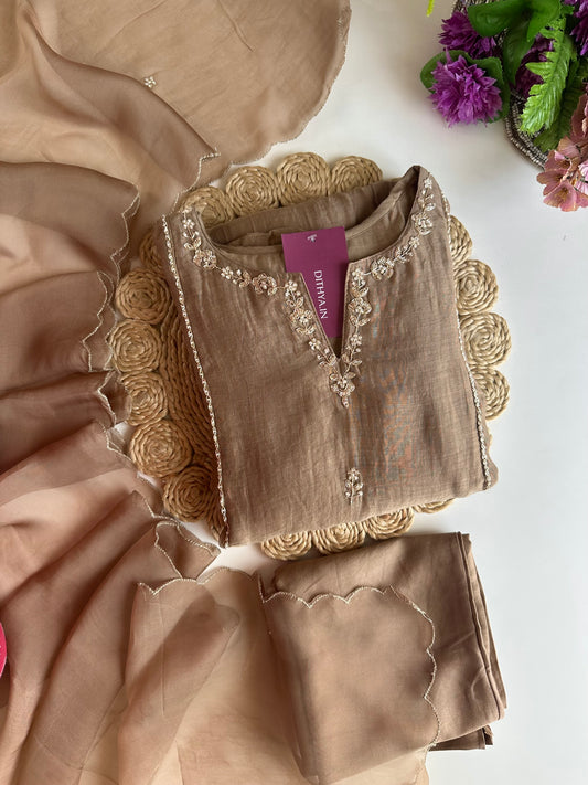 K160 - Mul Chanderi handwork Aline Kurti with pants and dupatta