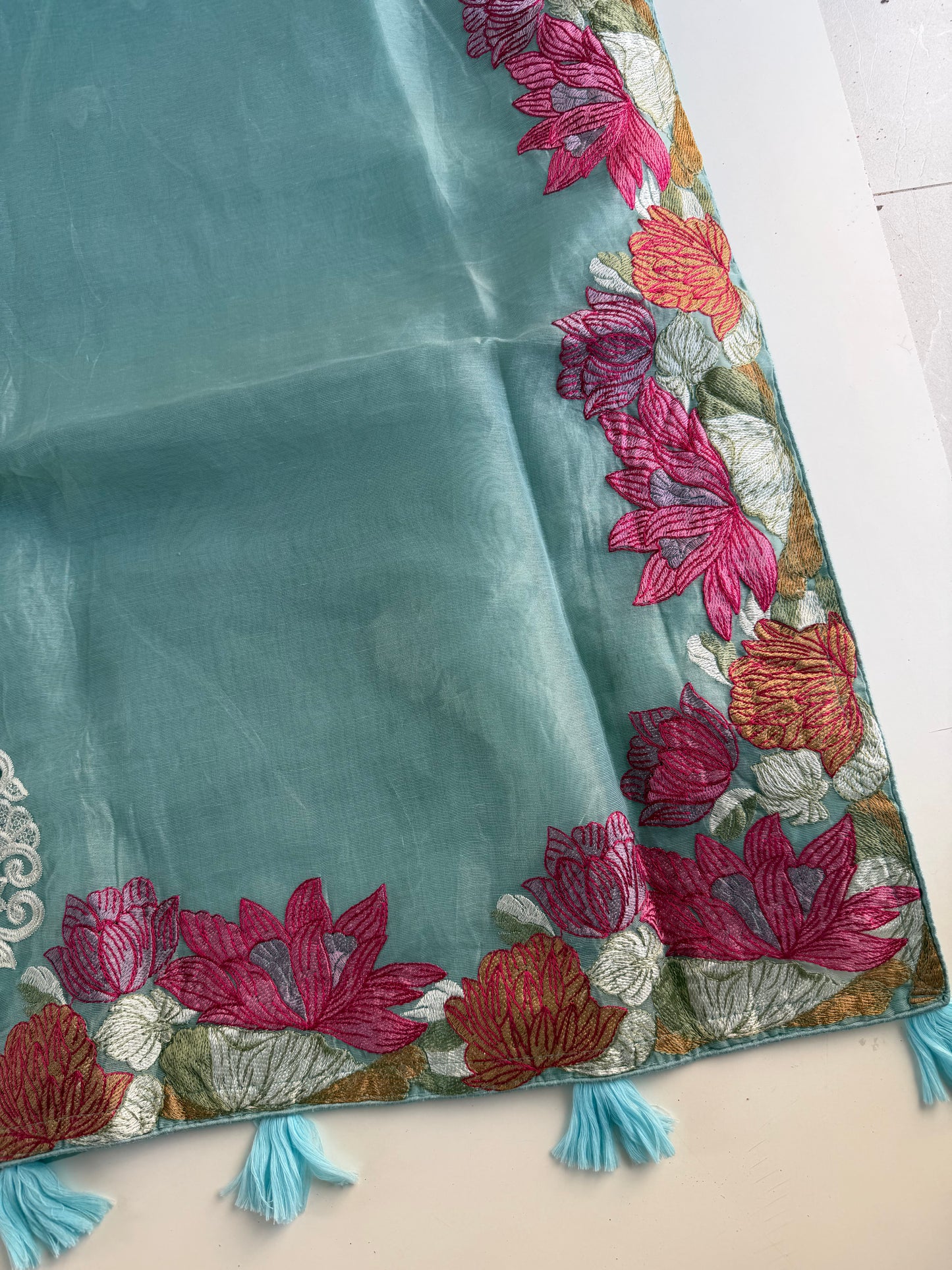 S020 - Soft organza appliqué embroidered saree in 3 colours