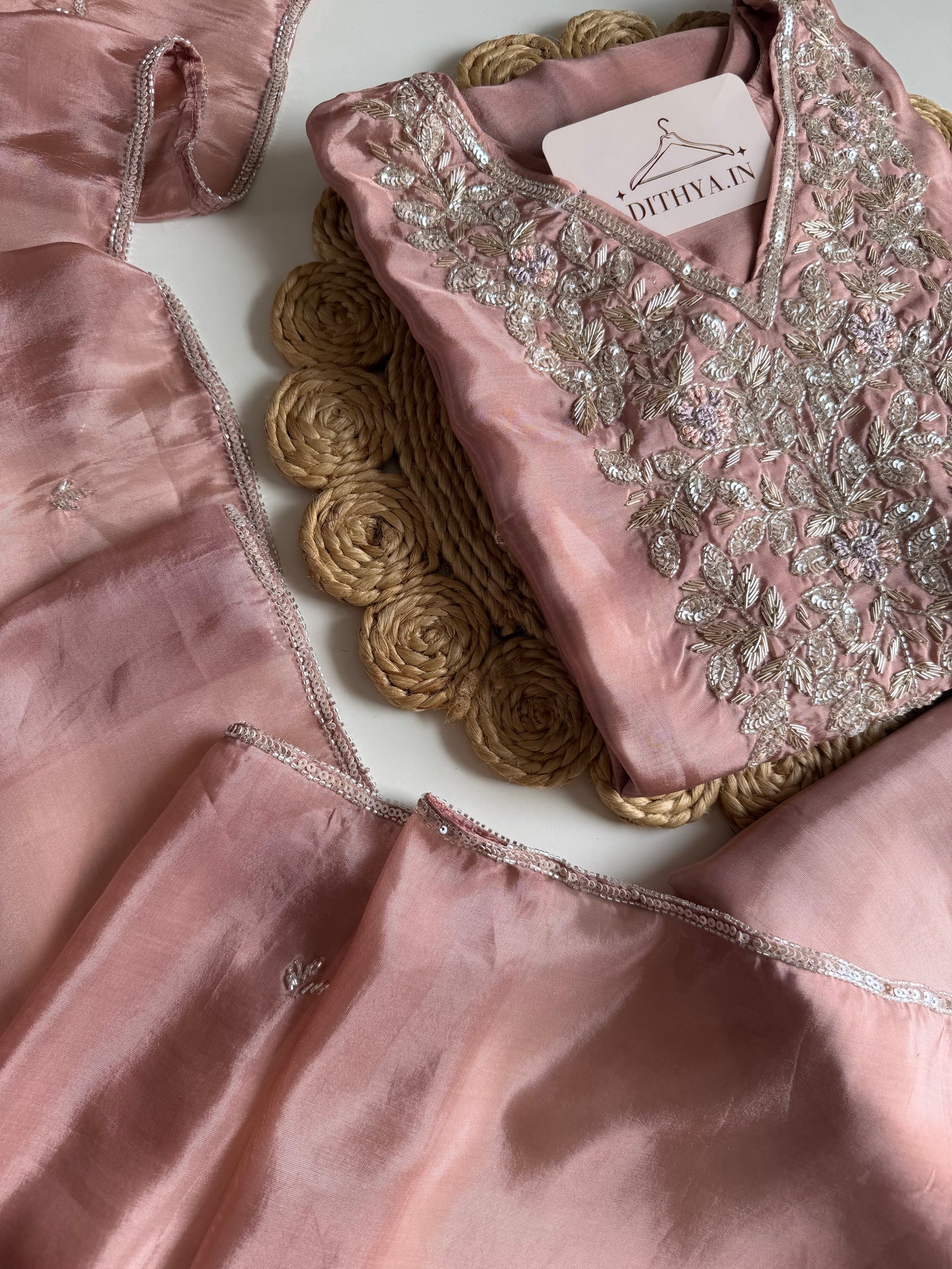 K597 - HO silk handwork Aline Kurti with pants and dupatta