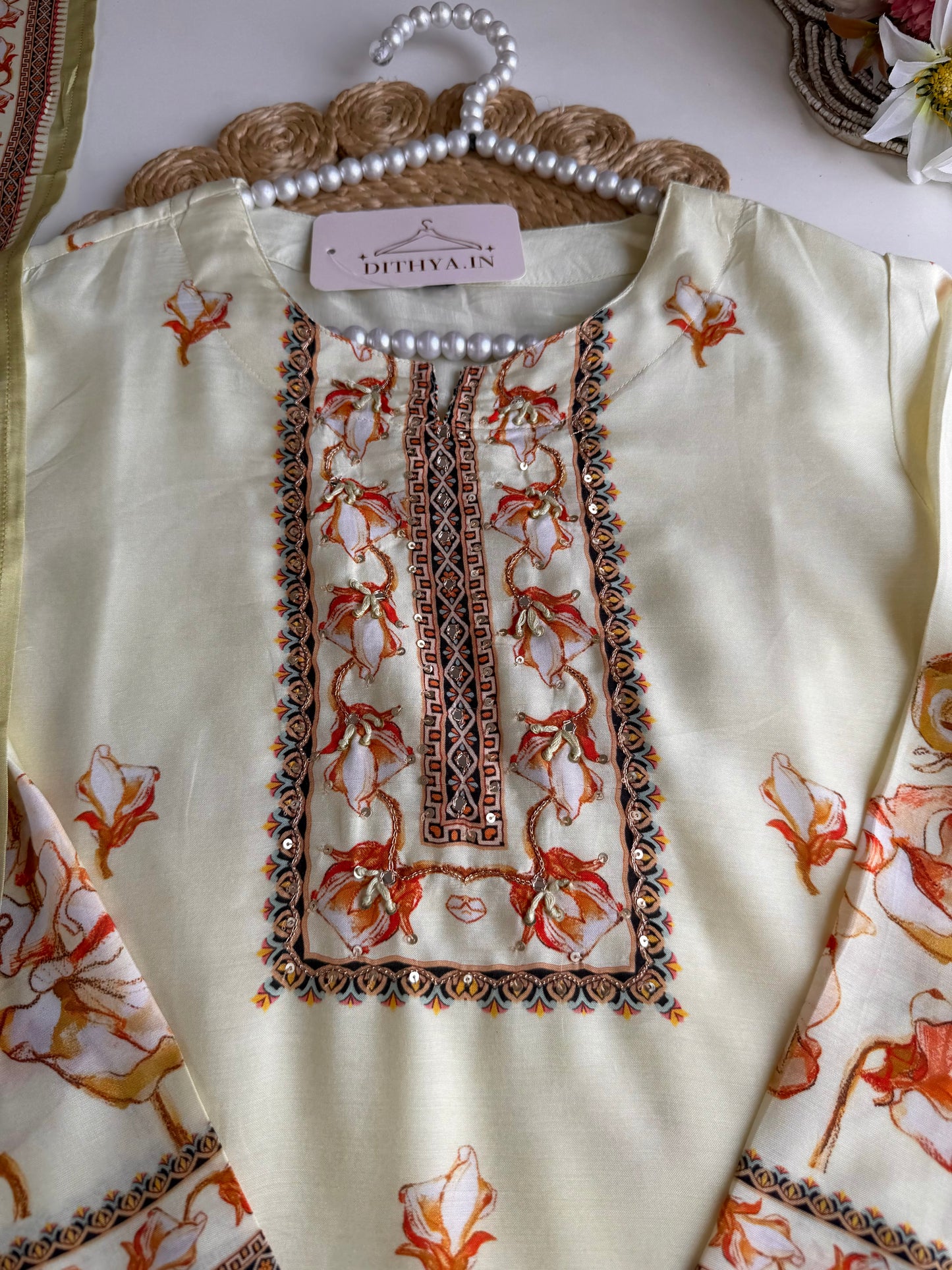 K554 - Muslin silk handwork straight Kurti with pants and dupatta