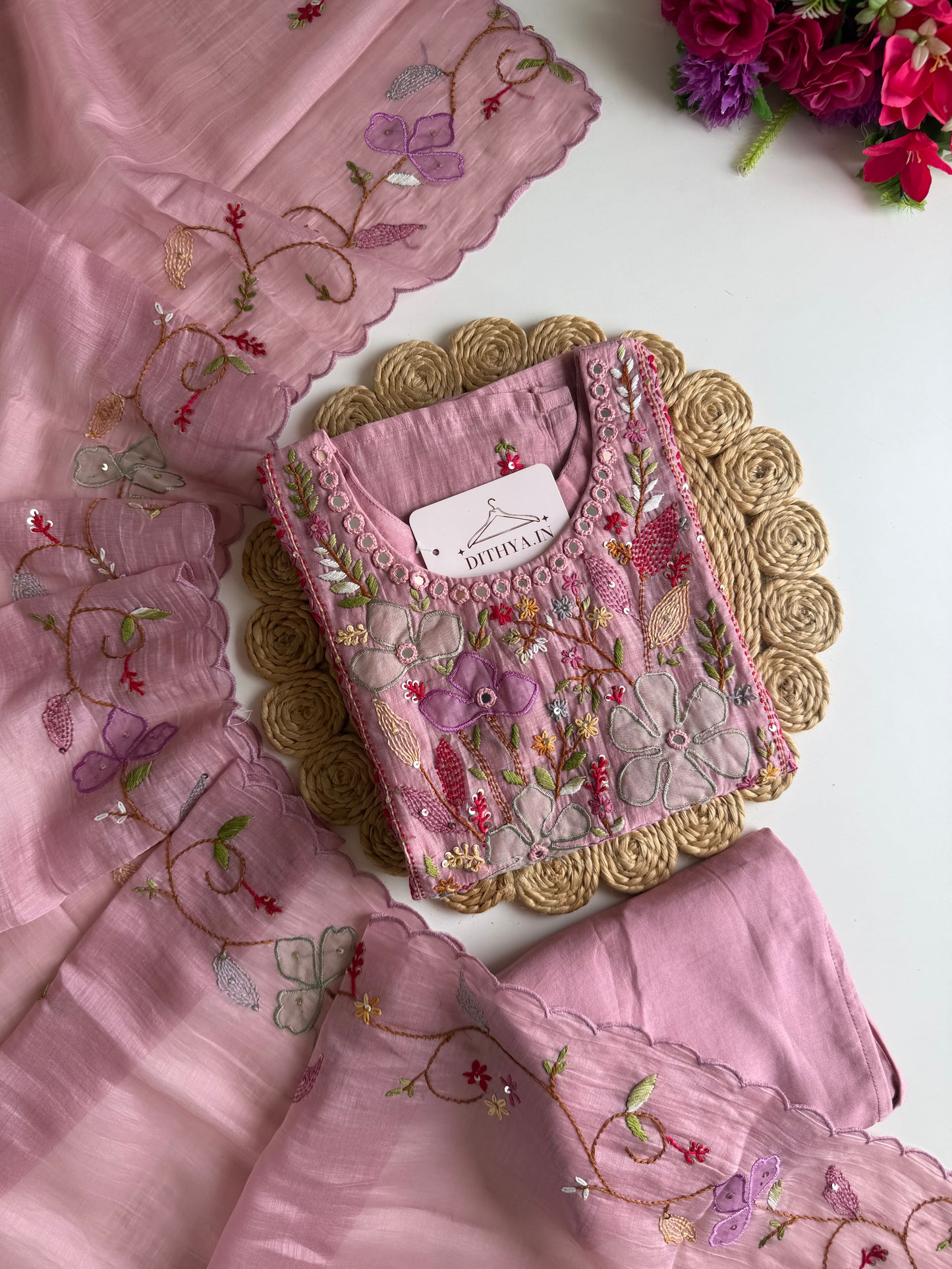 K427 - Mul chanderi embroidered straight Kurti with pants and dupatta