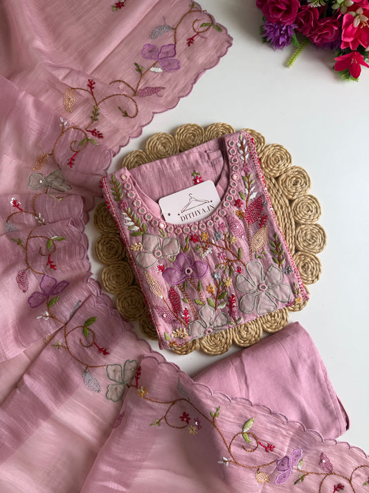 K427 - Mul chanderi embroidered straight Kurti with pants and dupatta