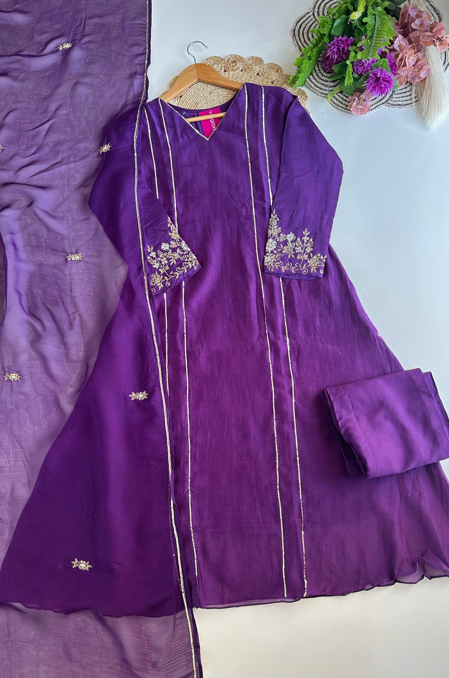 K070 - Mul Chanderi handwork Aline Kurti with pants and dupatta