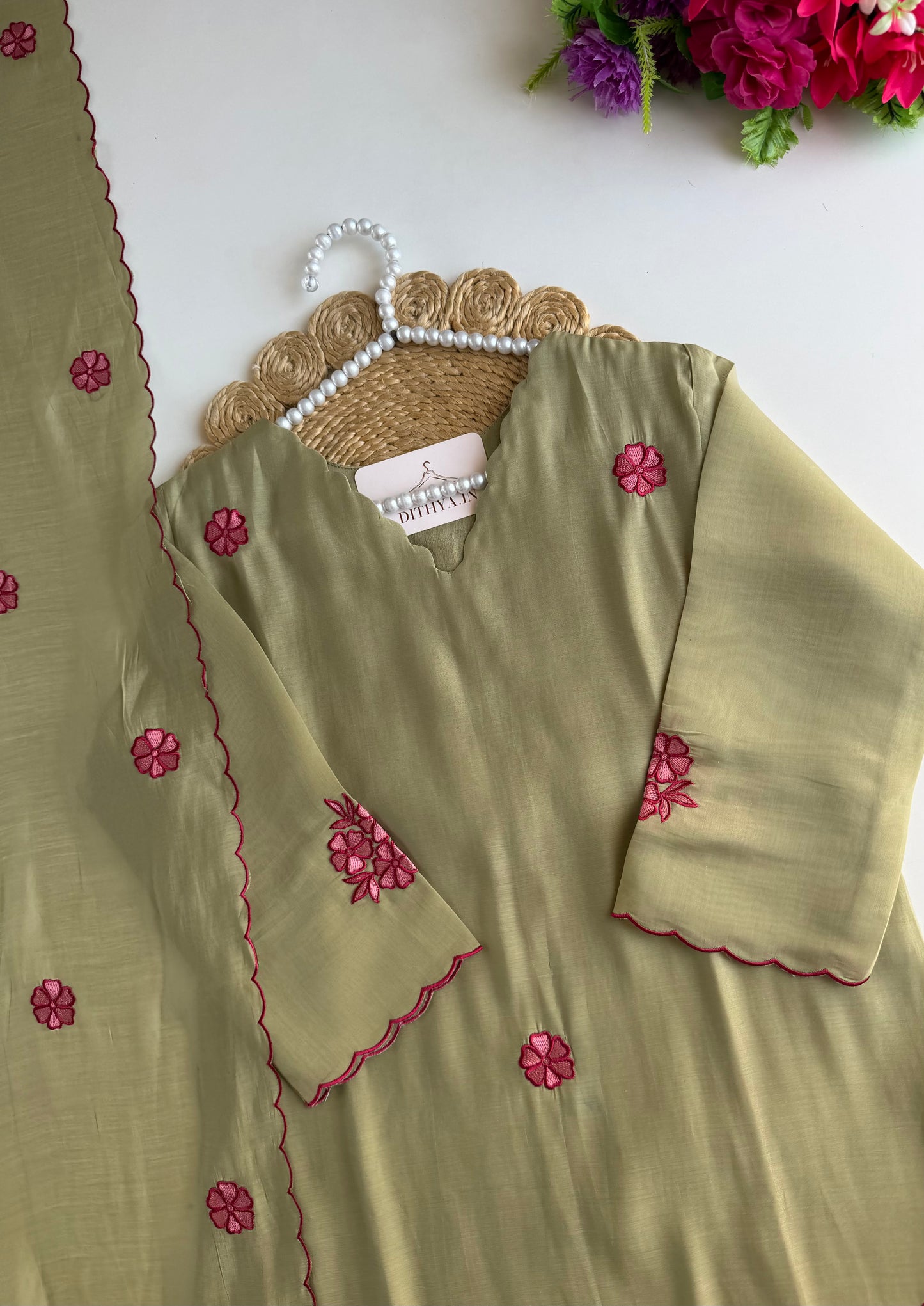 K075 - Mul chanderi embroidered Aline Kurti with pants and dupatta