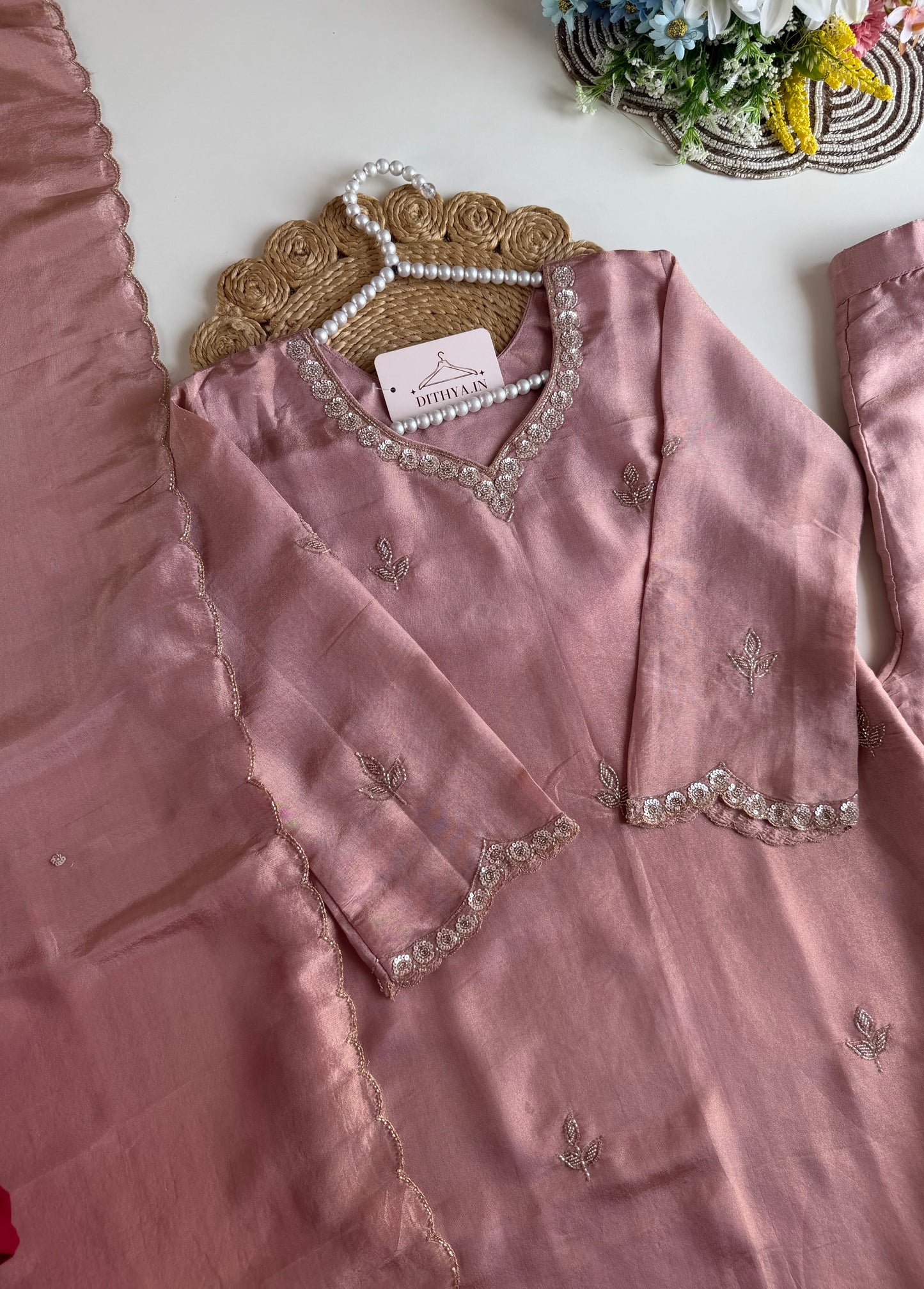 K203 - Tissue silk handwork short Kurti with divider pants and dupatta