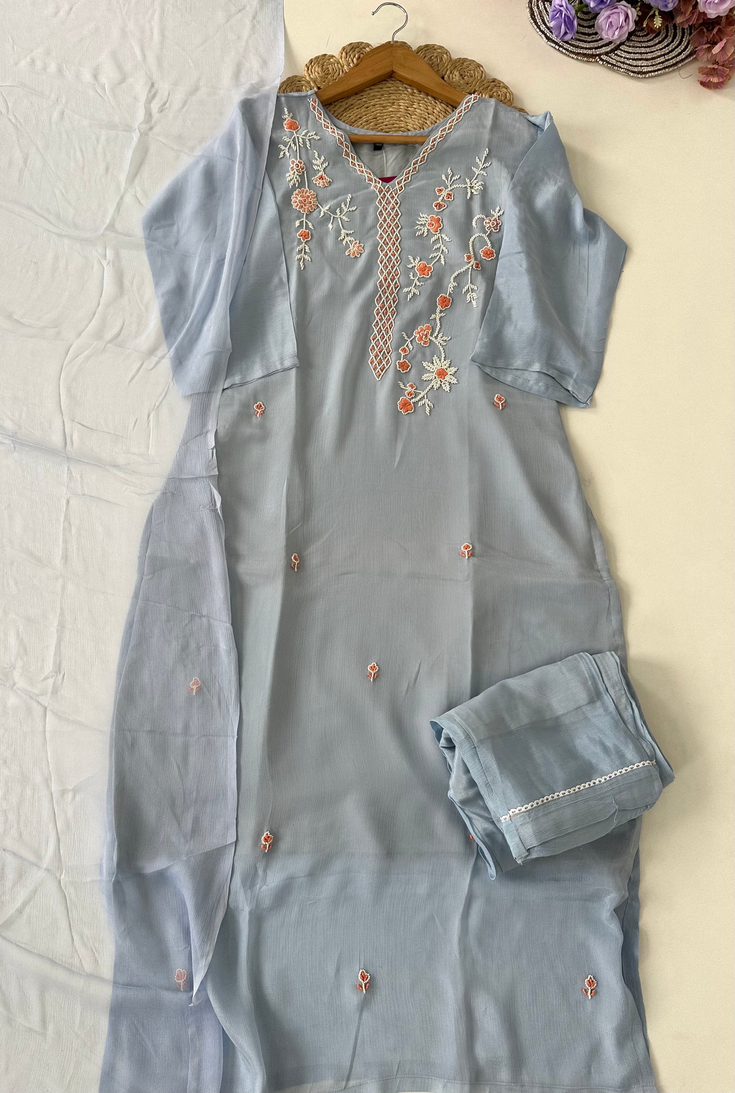 D087 -Chinnon silk straight kurti with pants and dupatta