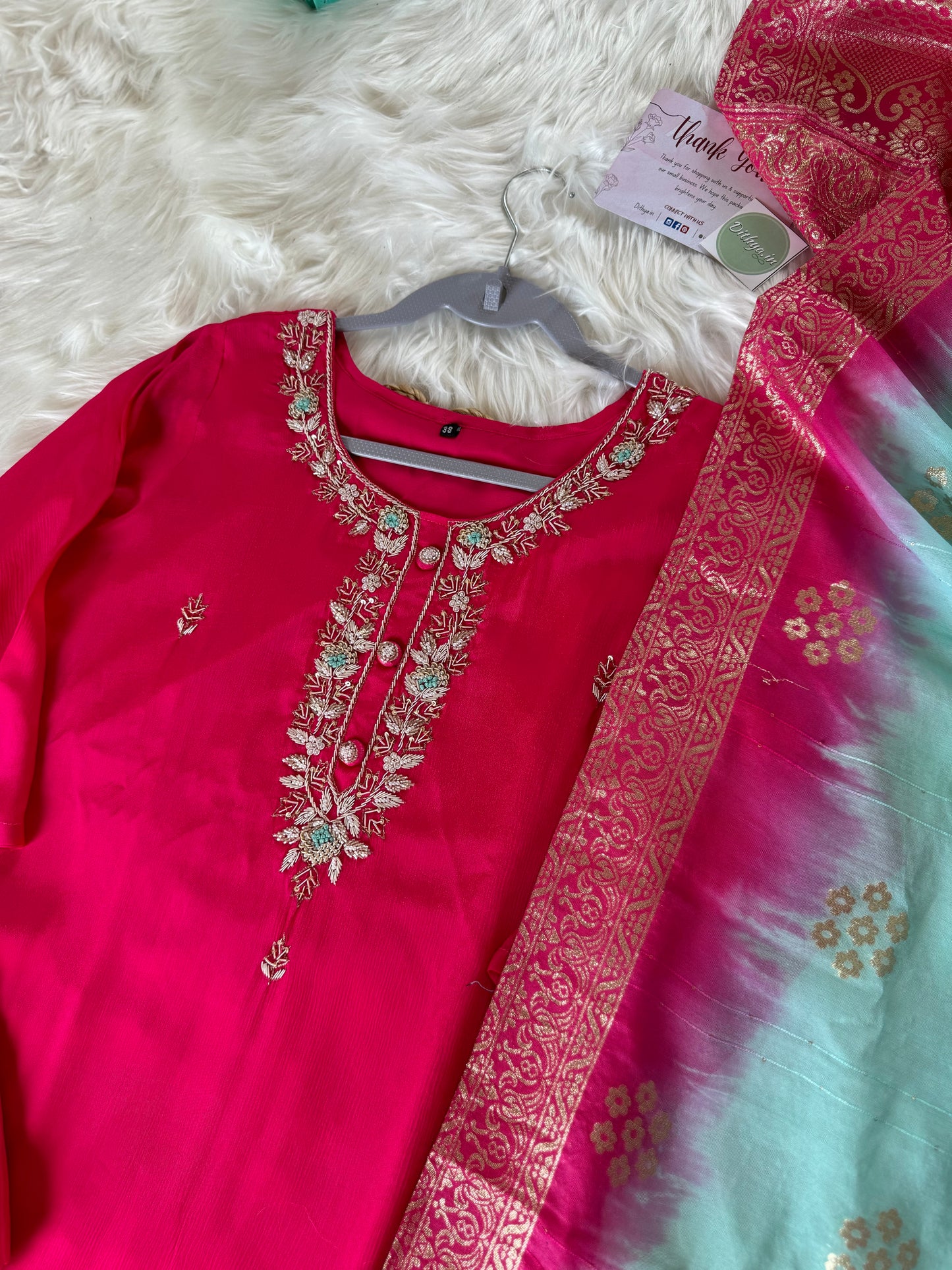 K168 - Chinnon straight kurti with pants and dupatta