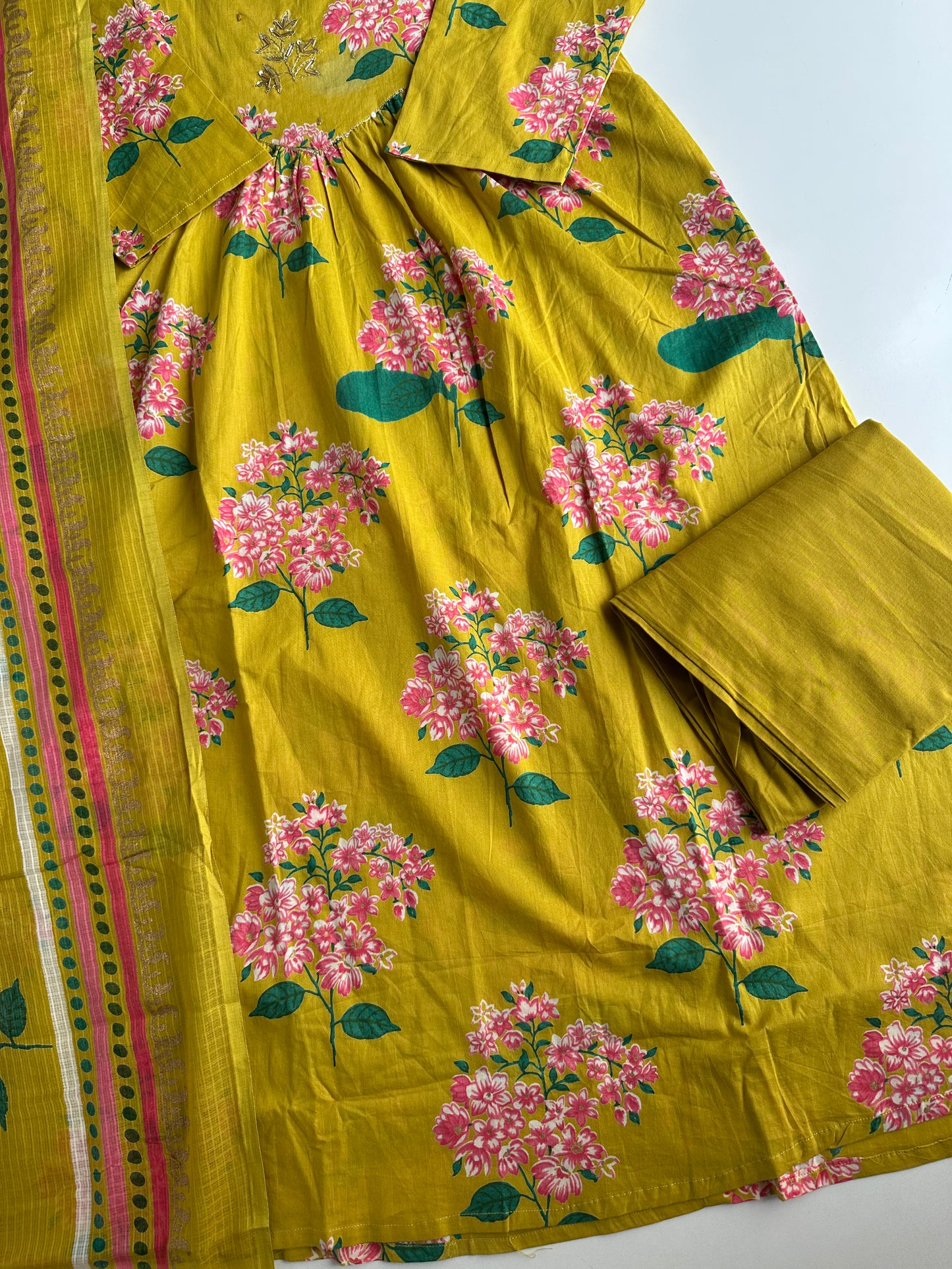 K060 - Mul cotton floral Anarkali with pants and dupatta