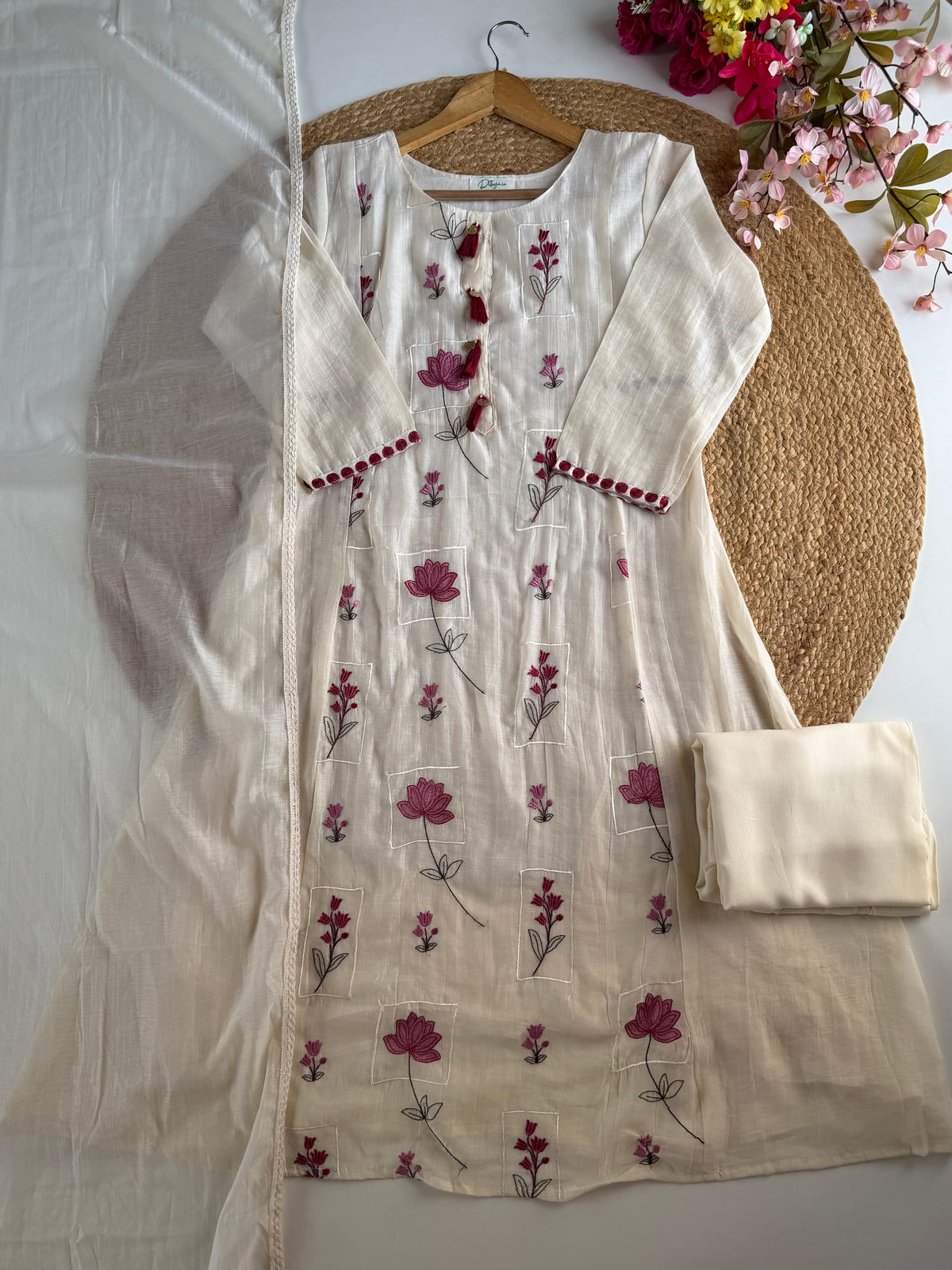 K303 - Mul chanderi embroidered Aline Kurti with pants and dupatta