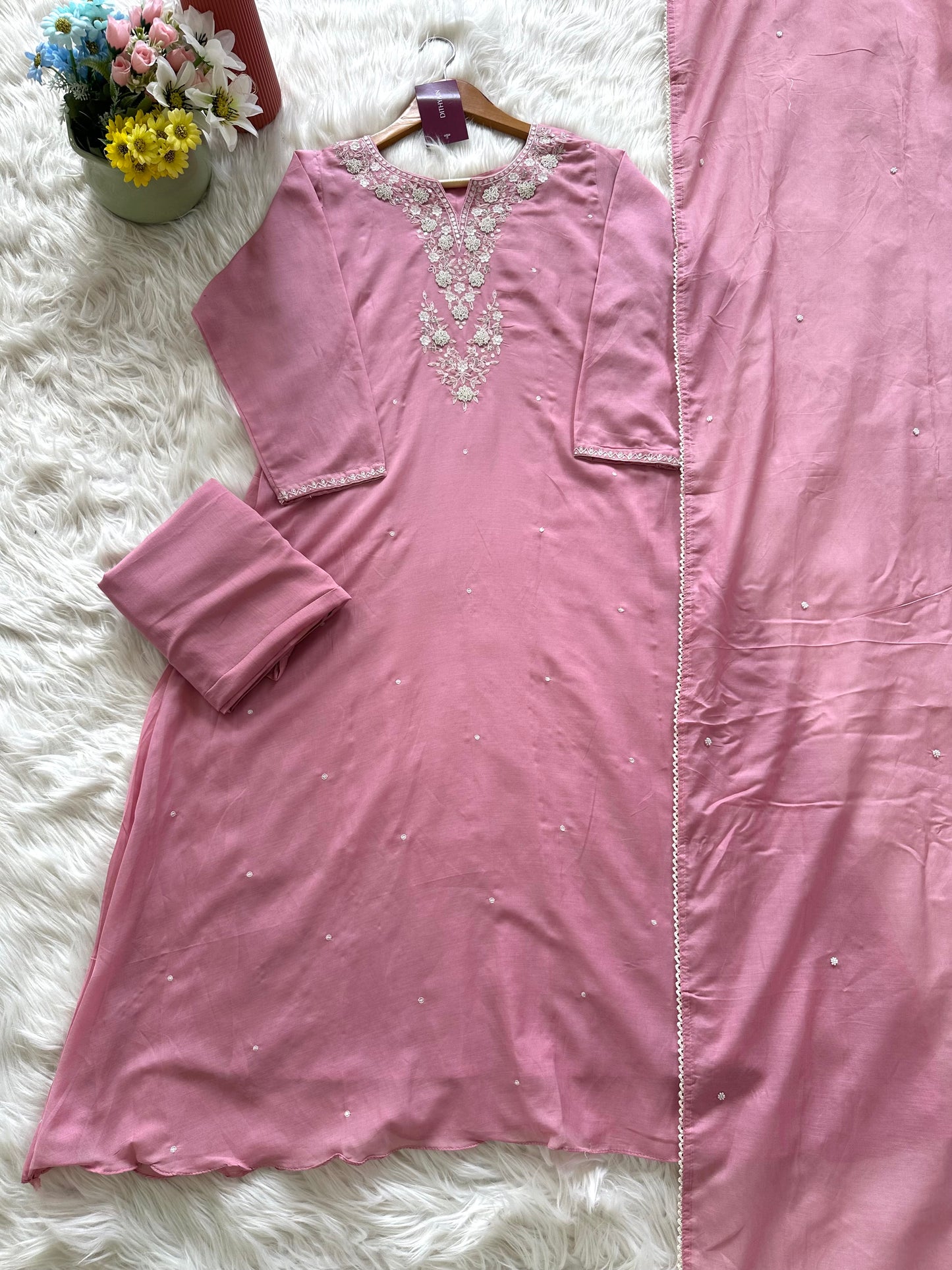 K397 - Mul Chanderi handwork Aline Kurti with pants and dupatta