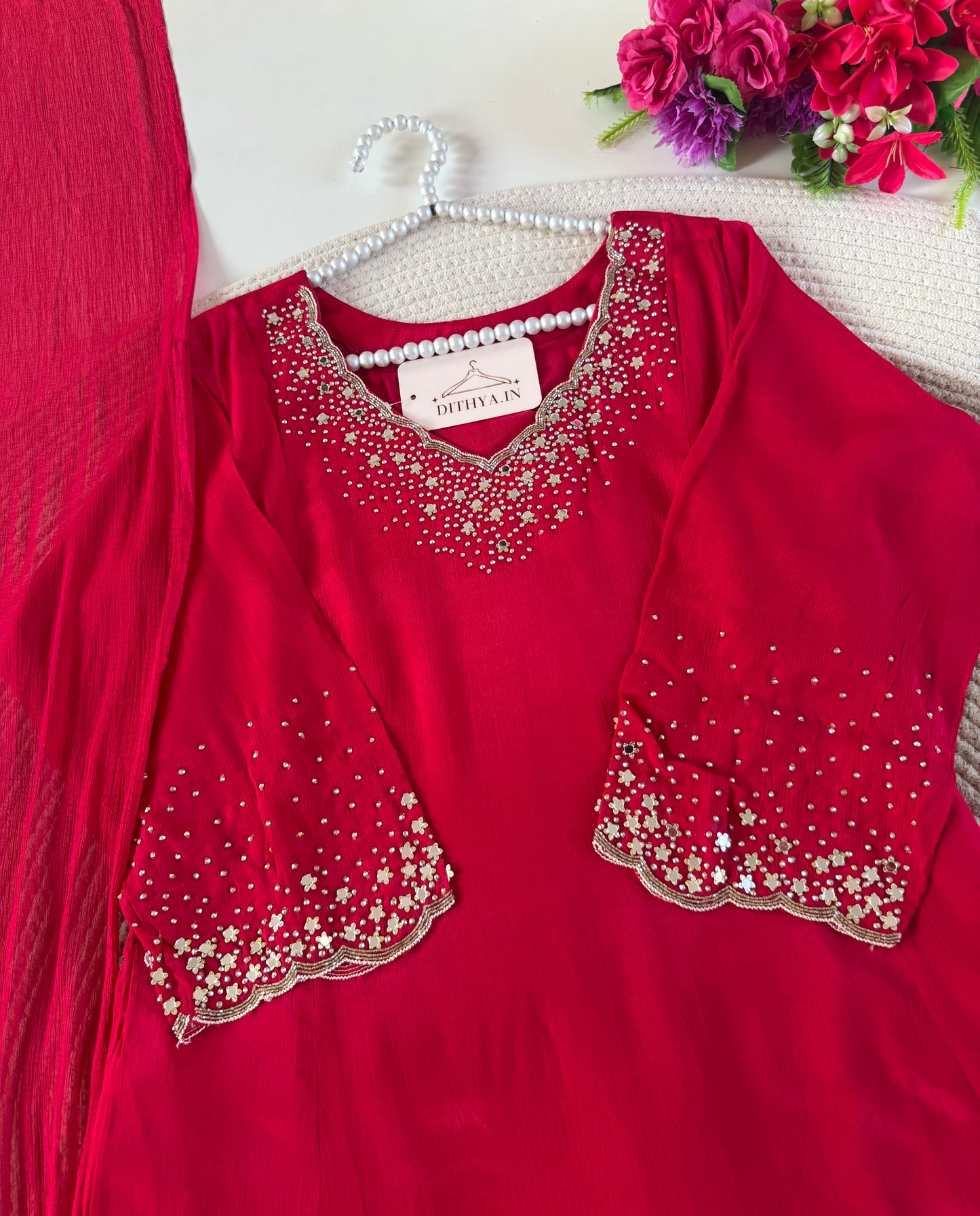 K491 - Pure Chinnon handwork aline Kurti with pants and dupatta